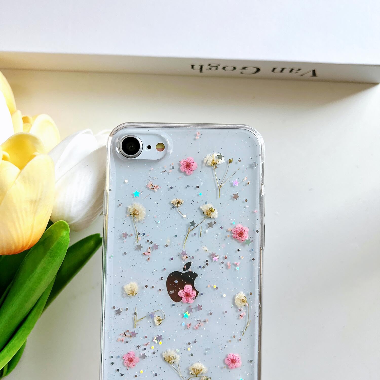 Lseeka For Iphone Se 2022/ Se 2020/8/7 Clear Case With Pressed Real Flowers Design,Glitter Cute Pink Floral Pattern Slim Soft Tp