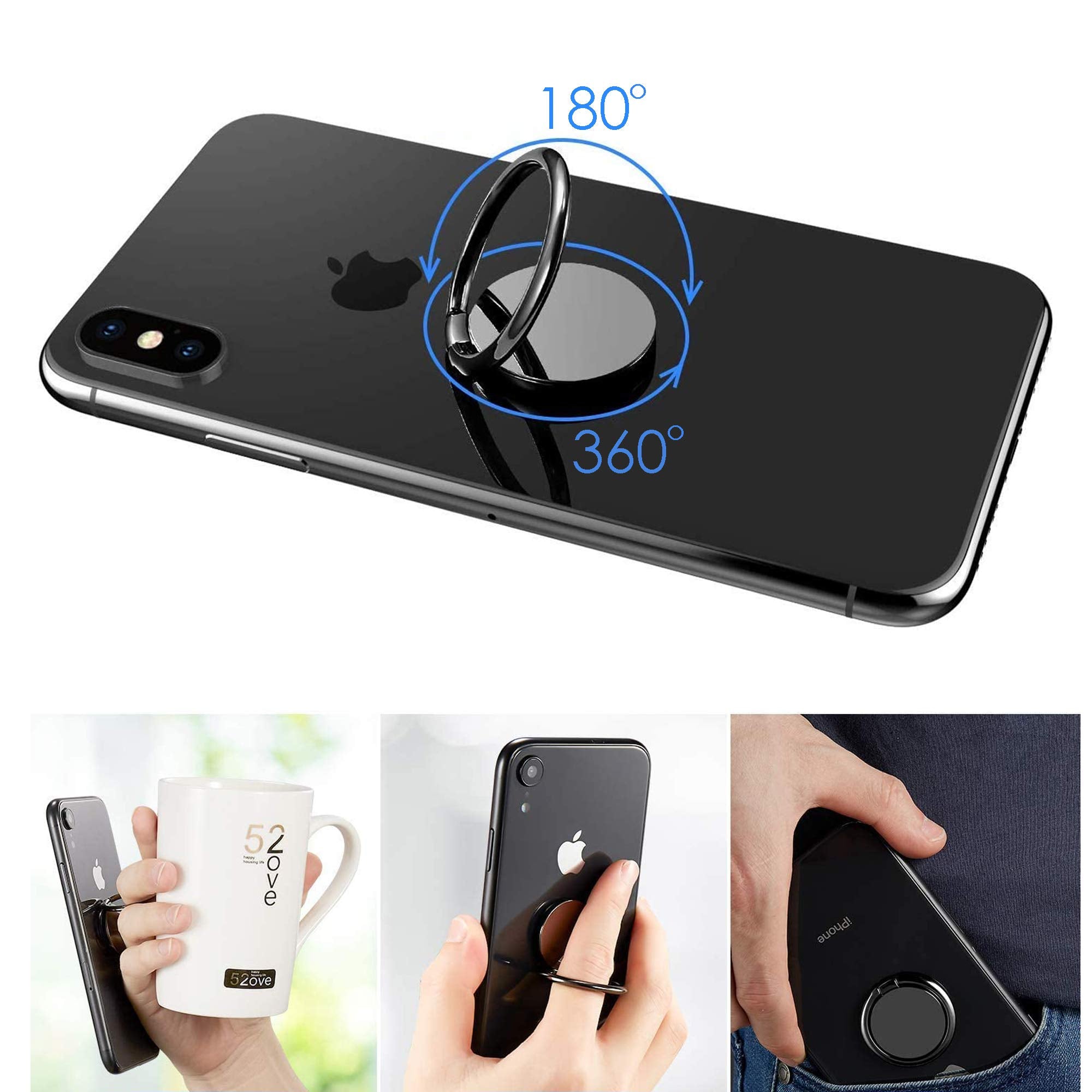 Pokanic 360° Rotation Metal Ring Holder for Cell Phones - Adjustable Finger Grip Kickstand, Compatible with iPhone, Samsung, LG (Black)