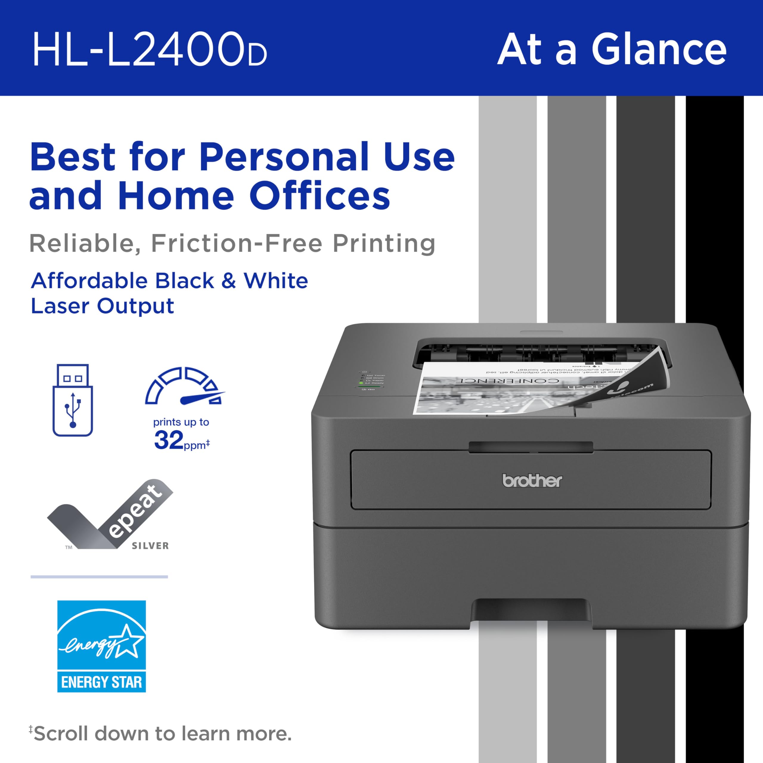 Brother Hl L2400D Compact Monochrome Laser Printer With Duplex Printing, Usb Required (Cable Not Included), Black & White Output
