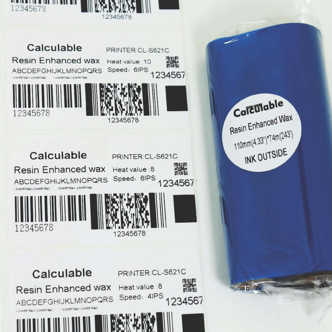 Calculable 4 Rolls 4.33'' X243' (110Mm X 74M) Resin Enhanced Wax Thermal Transfer Ribbon 1/2 Inch Core Ink Outside Barcode Ribbo
