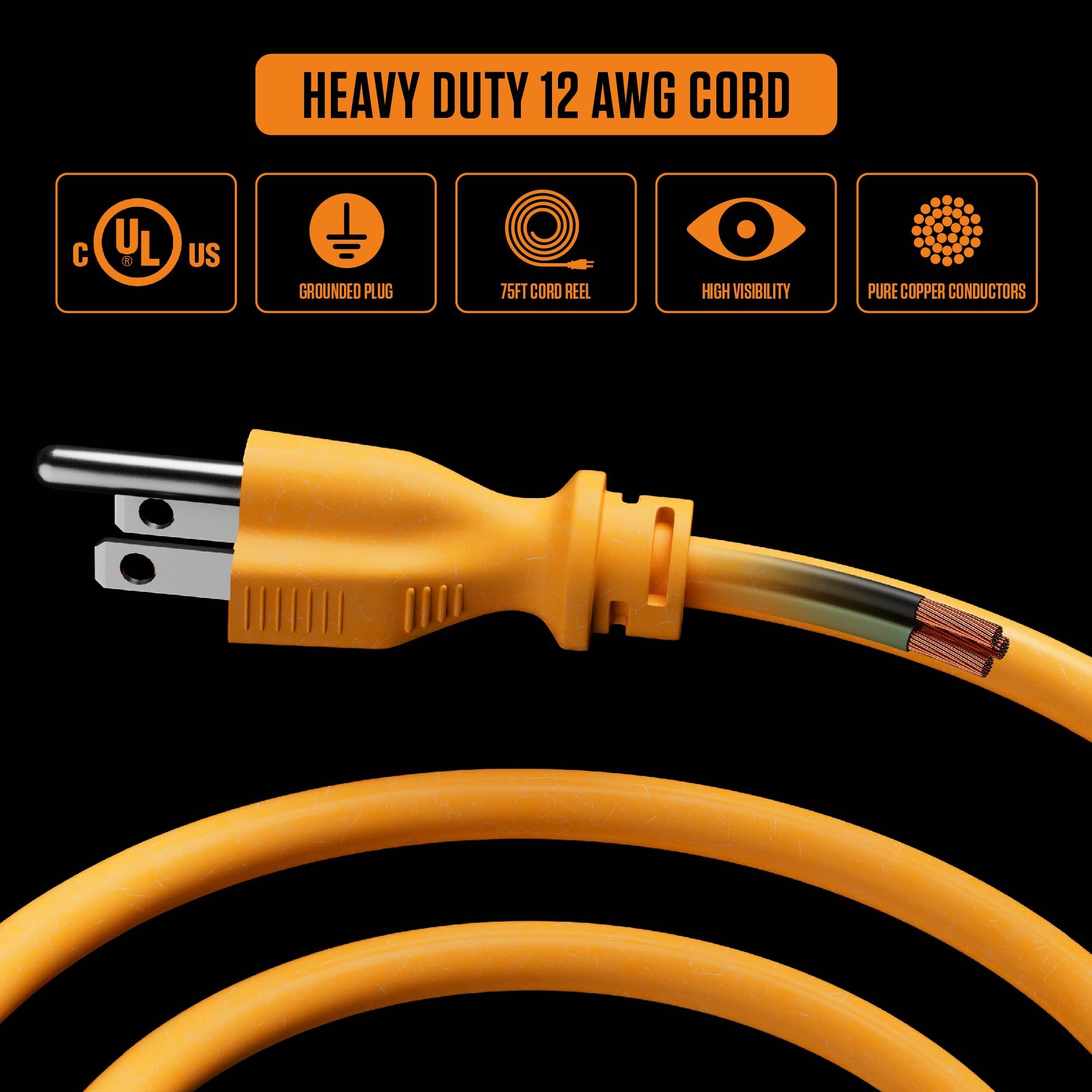 Masterplug 75Ft Cord Reel, Retractable Extension Lead With Winding Handle, Safety Overload Circuit Breaker And Power Switch, 4X