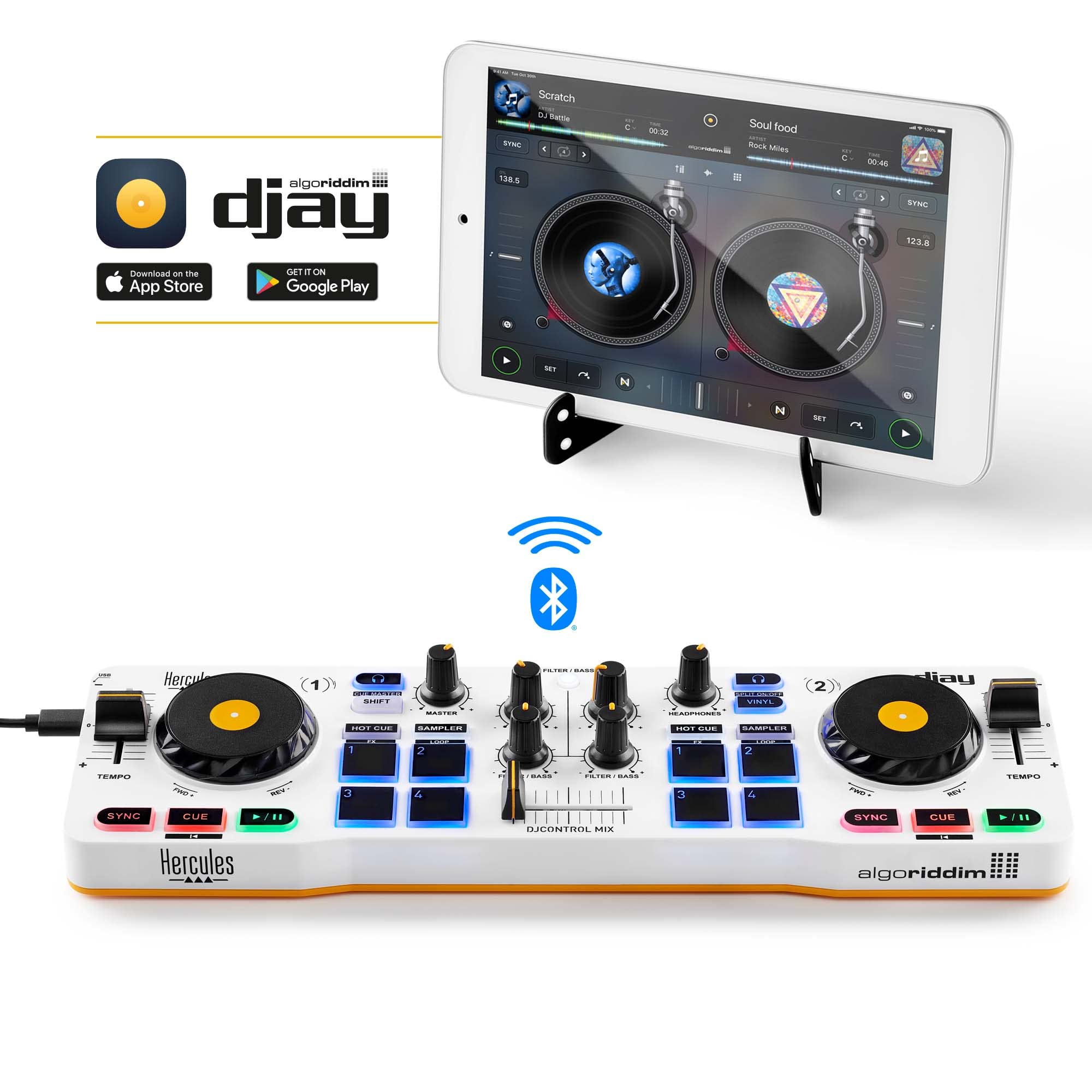 Hercules Djcontrol Mix   Bluetooth Wireless Dj Controller For Smartphones (Ios And Android)   Djay App   2 Decks, White
