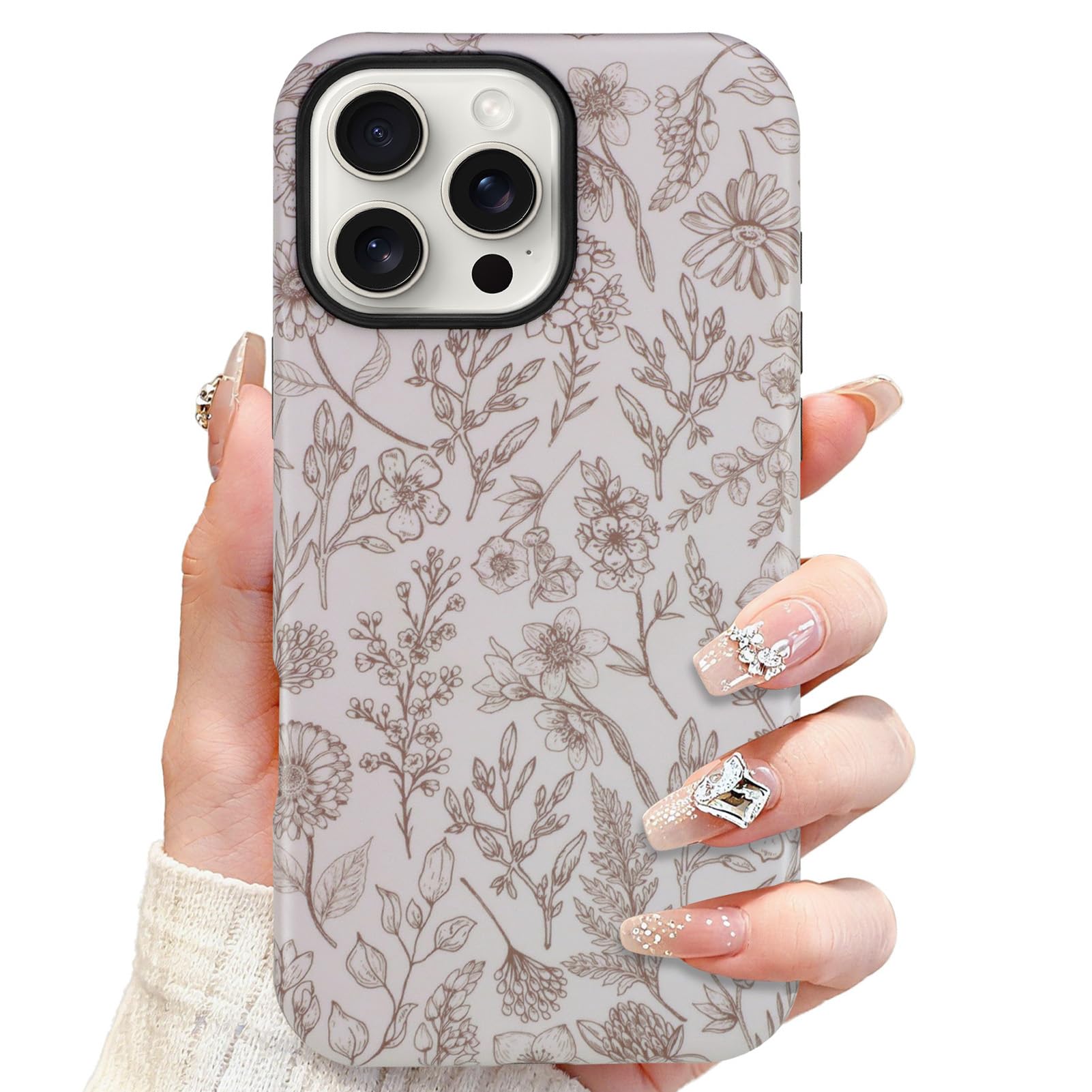 SOKAD Magnetic Sage Floral Phone Case for iPhone 16 Pro, Vintage Beige Flower Pattern Compatible with Magsafe Matte Protective C