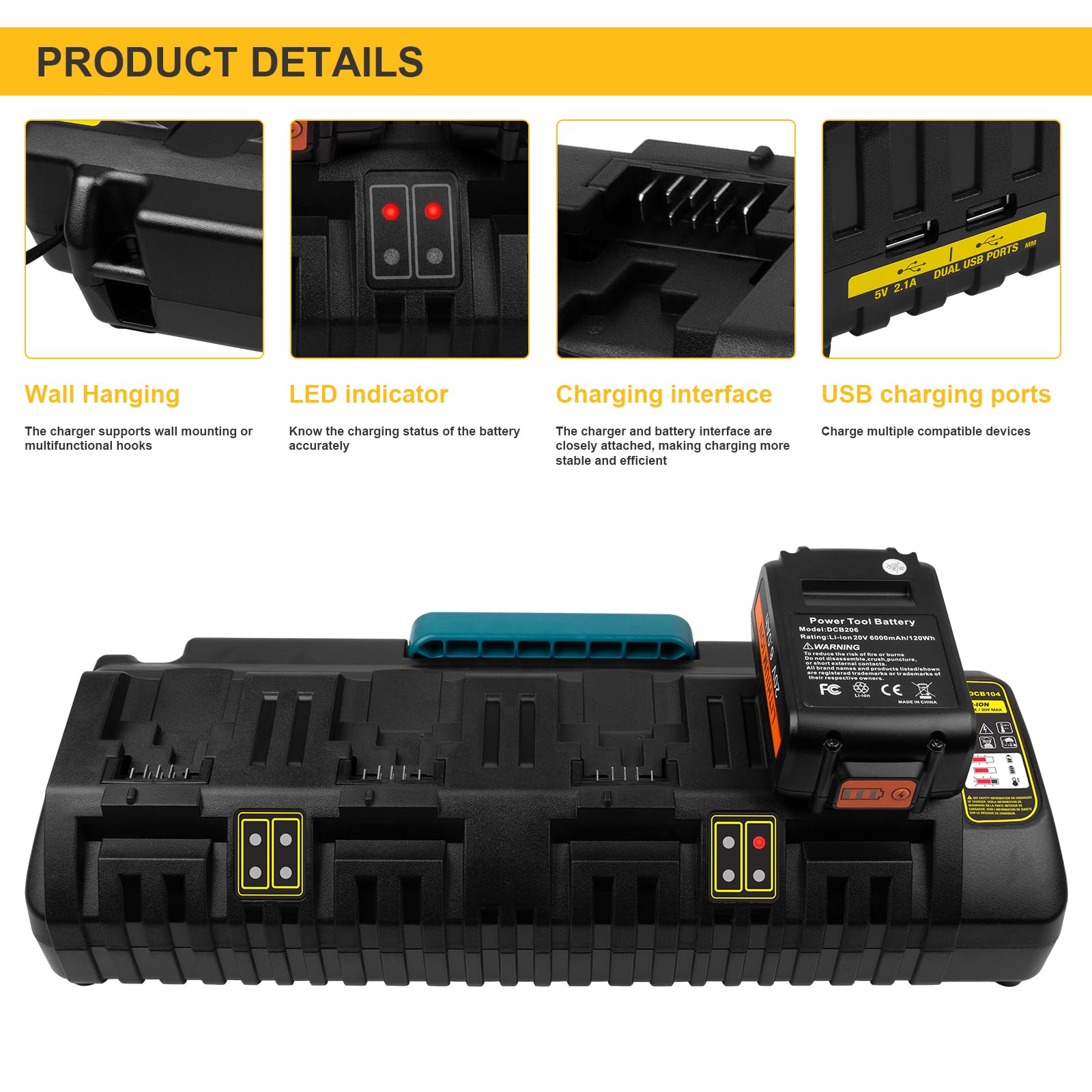 4 Port Battery Rapid Charger Dcb104 For Dewalt 12V Max, 20V Max, And Flexvolt 20V/60V Max Lithium Ion Battery Charging Station (