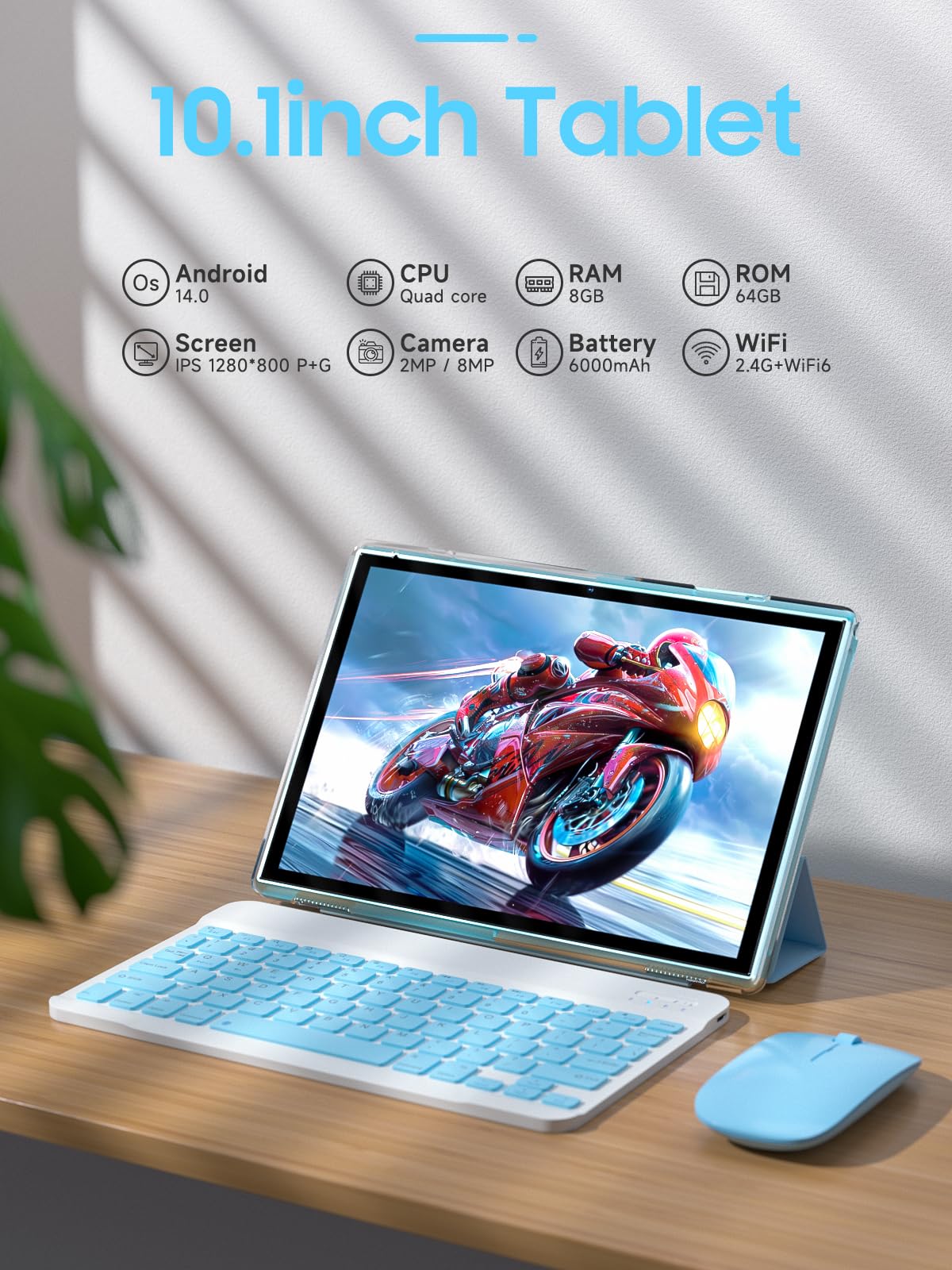 Ruiqiai Android 14 Tableta, 2 In 1 Tablet 10 Inch,Computer Tablet, With Keyboard Case, 8Gb+64Gb Rom/1Tb, Quad Core, Dual Carema,