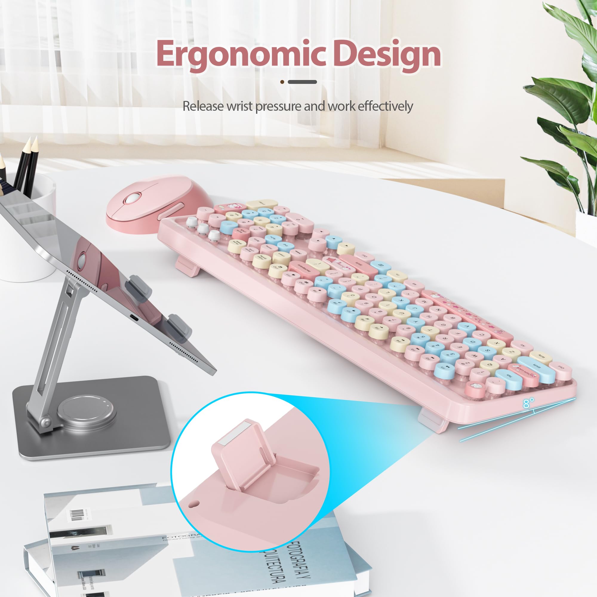 Fogruaden Pink Keyboard And Mouse Wireless, Retro Typewriter Keyboard, 2.4Ghz 104 Keys Full Size Cute Keyboard With Number Pad,