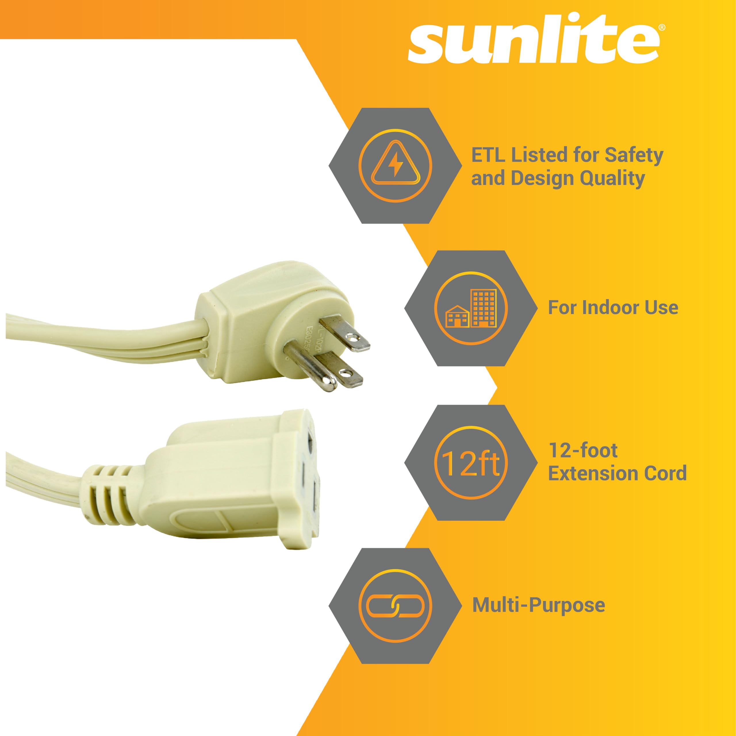 Sunlite 04160 Su Ex12/Ap Medium Duty 12 Foot Appliance Extension Cord, Three Prong, 14/3 Gauge, 15 Amp, Beige