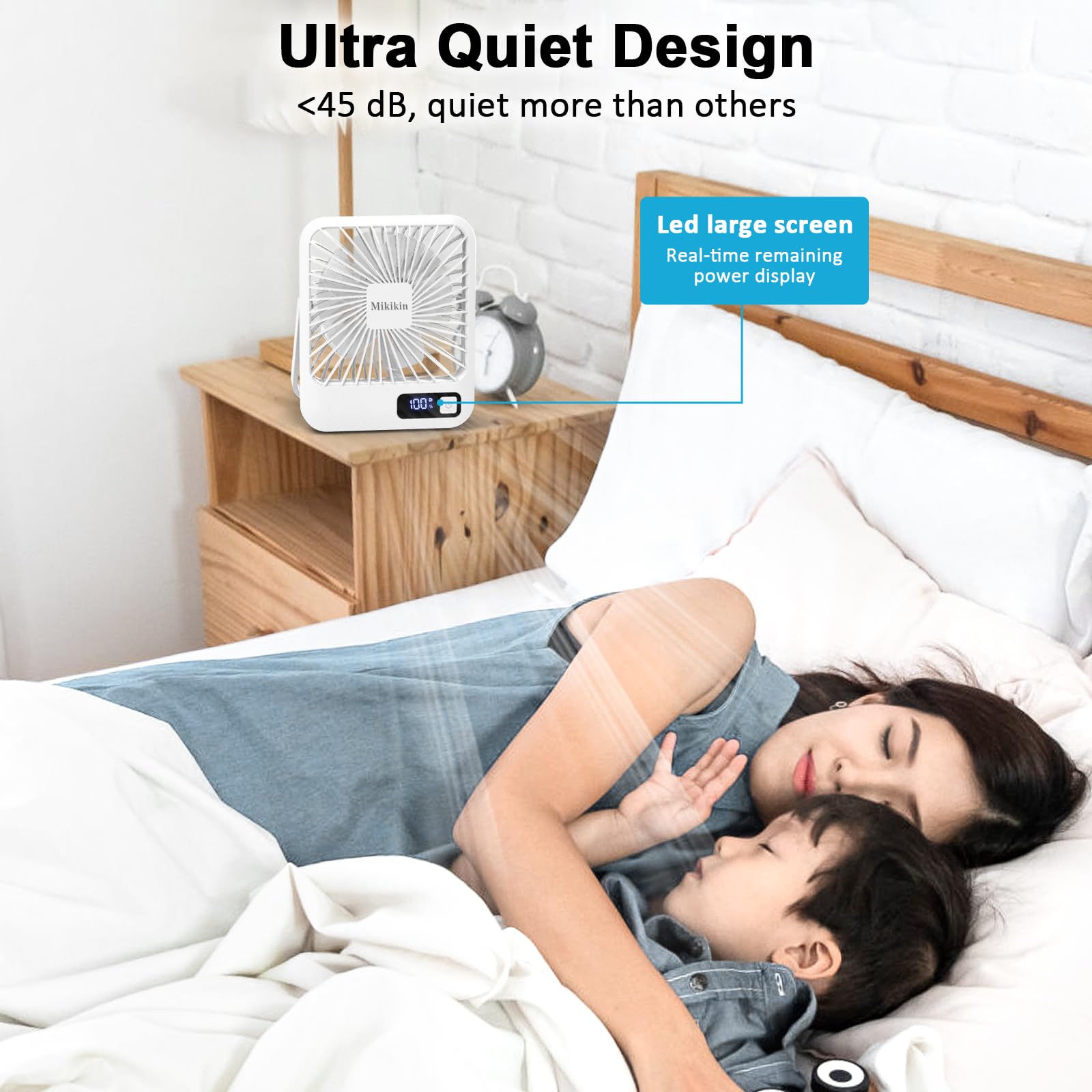 Mikikin Table Fan Battery Rechargeable Fan, 2000Mah 180 Foldable Portable Personal Fan With Power Display, Ultra Quiet Desktop F