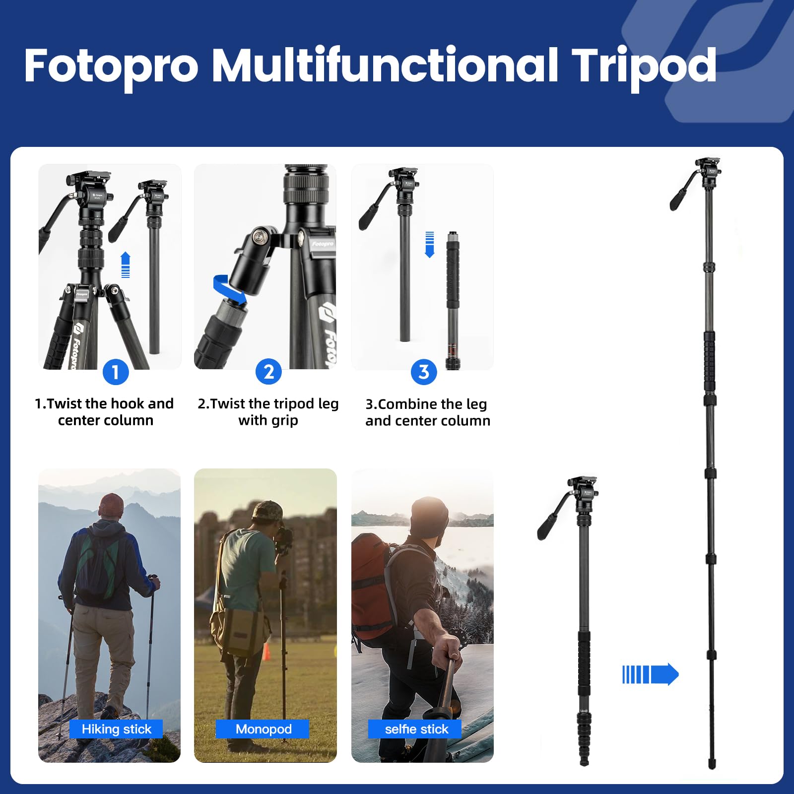 Fotopro 59'' Carbon Fiber Travel Tripod, Compact Camera Tripod With Fluid Head, Detachable Monopod With Quick Release Plate And