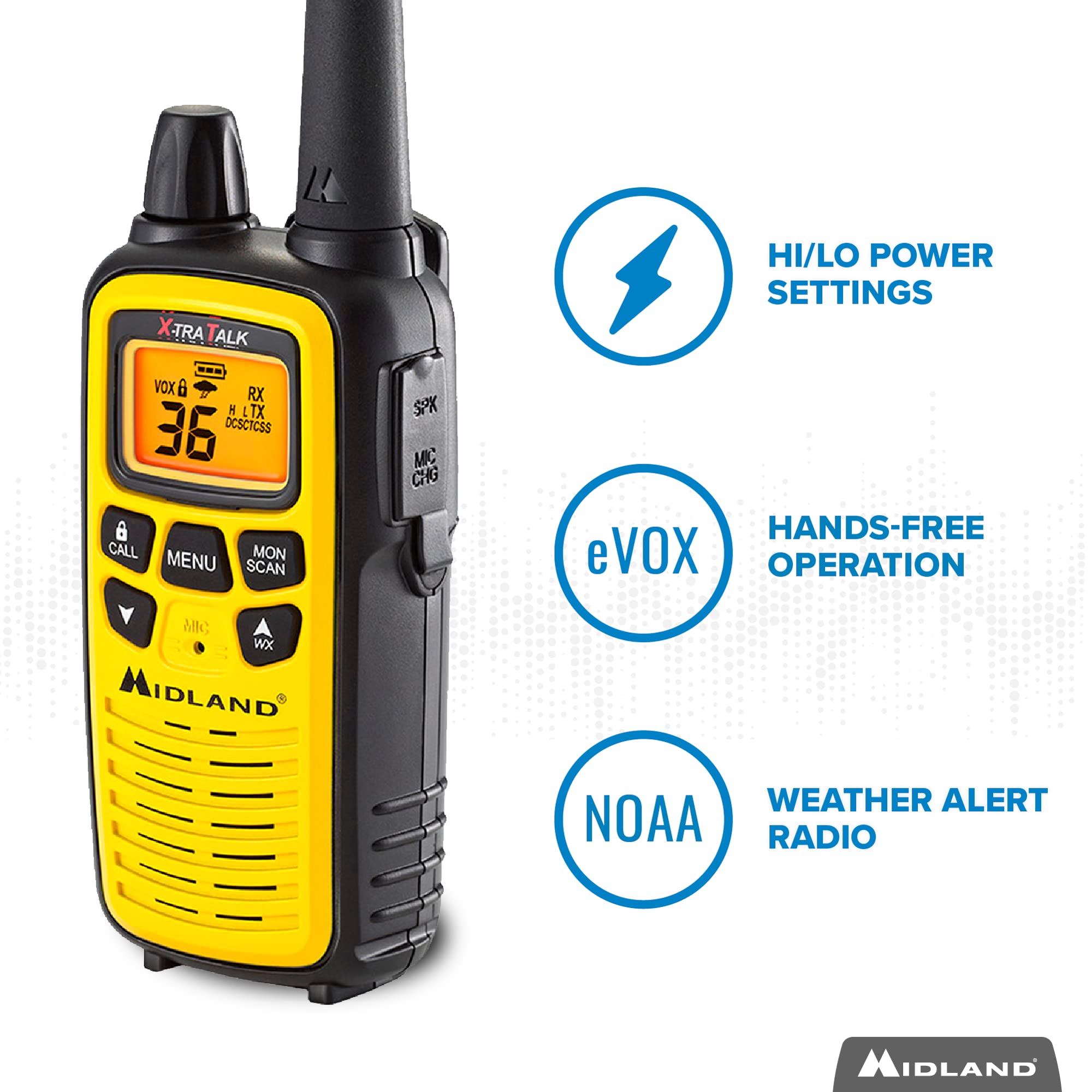 Midland 36 Channel Frs Two Way Radio   Long Range Walkie Talkie, 121 Privacy Codes, Noaa Weather Scan + Alert (Yellow/Black, 3 Pack)