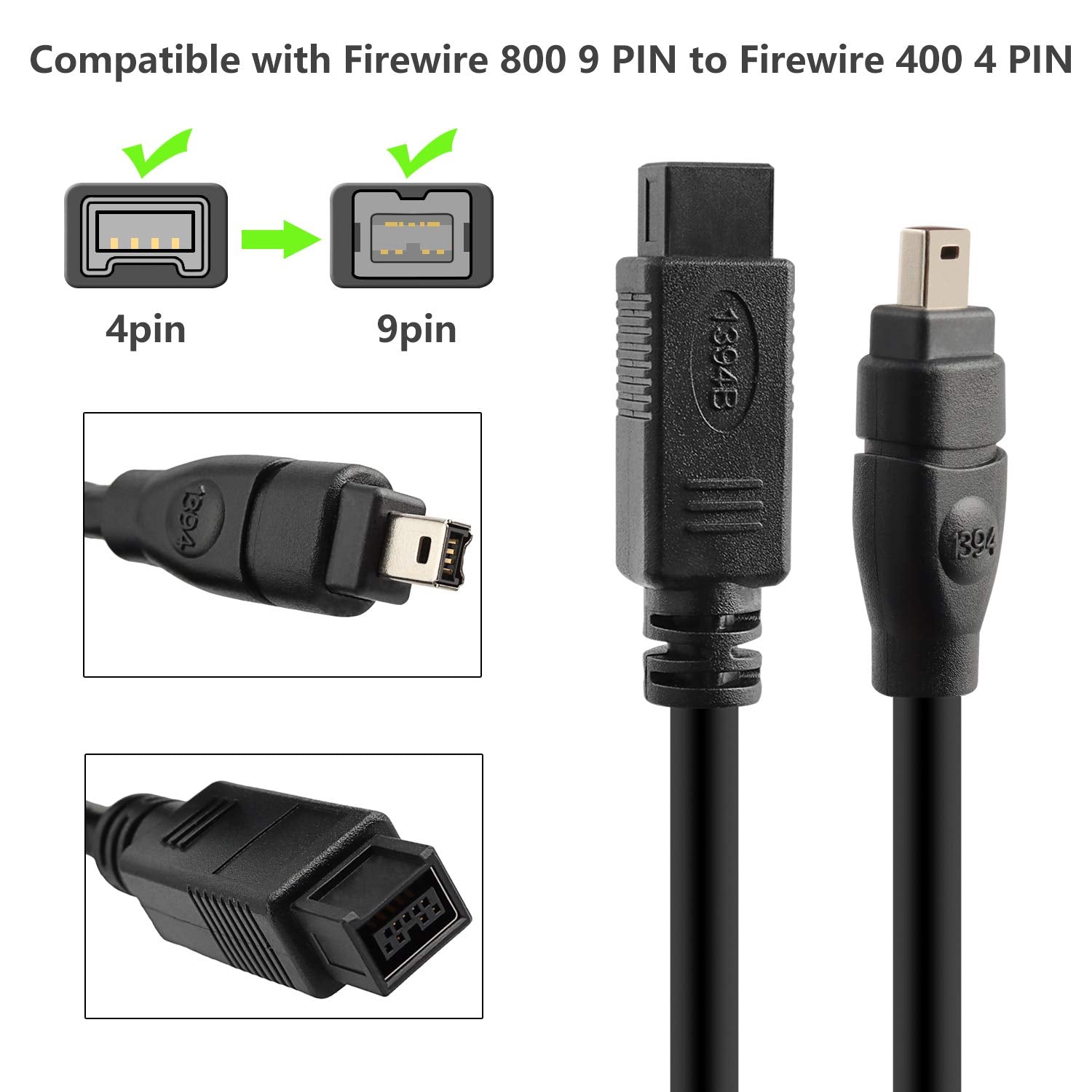Pasow Firewire Cable 9 Pin To 4 Pin Ieee 1394 Firewire 800/400 Cable 6 Feet