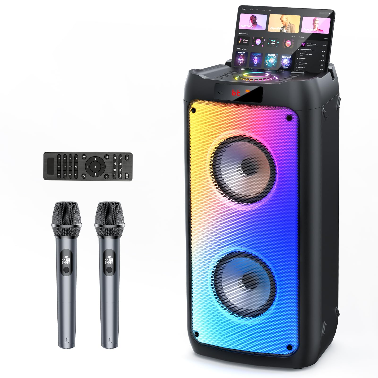 Hwwr Karaoke Machine With 2 Wireless Microphones, Portable Bluetooth Speaker For Adults & Kids, Big Party Pa System With Disco L
