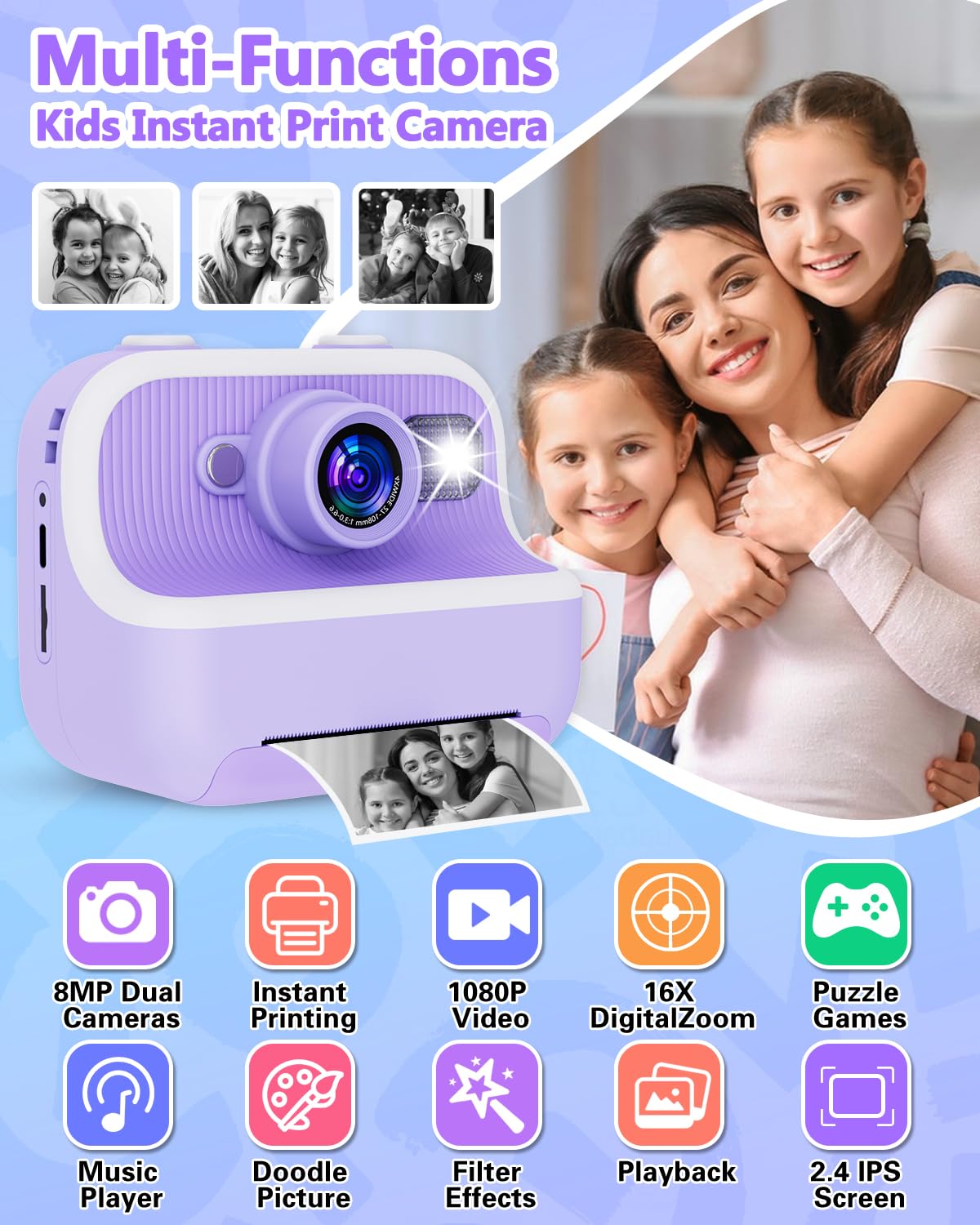 Instant Print Camera For Kids, Christmas Birthday Gifts For Girls Boys, Kids Camera Instant Print With Dual Camera 1080P Digital