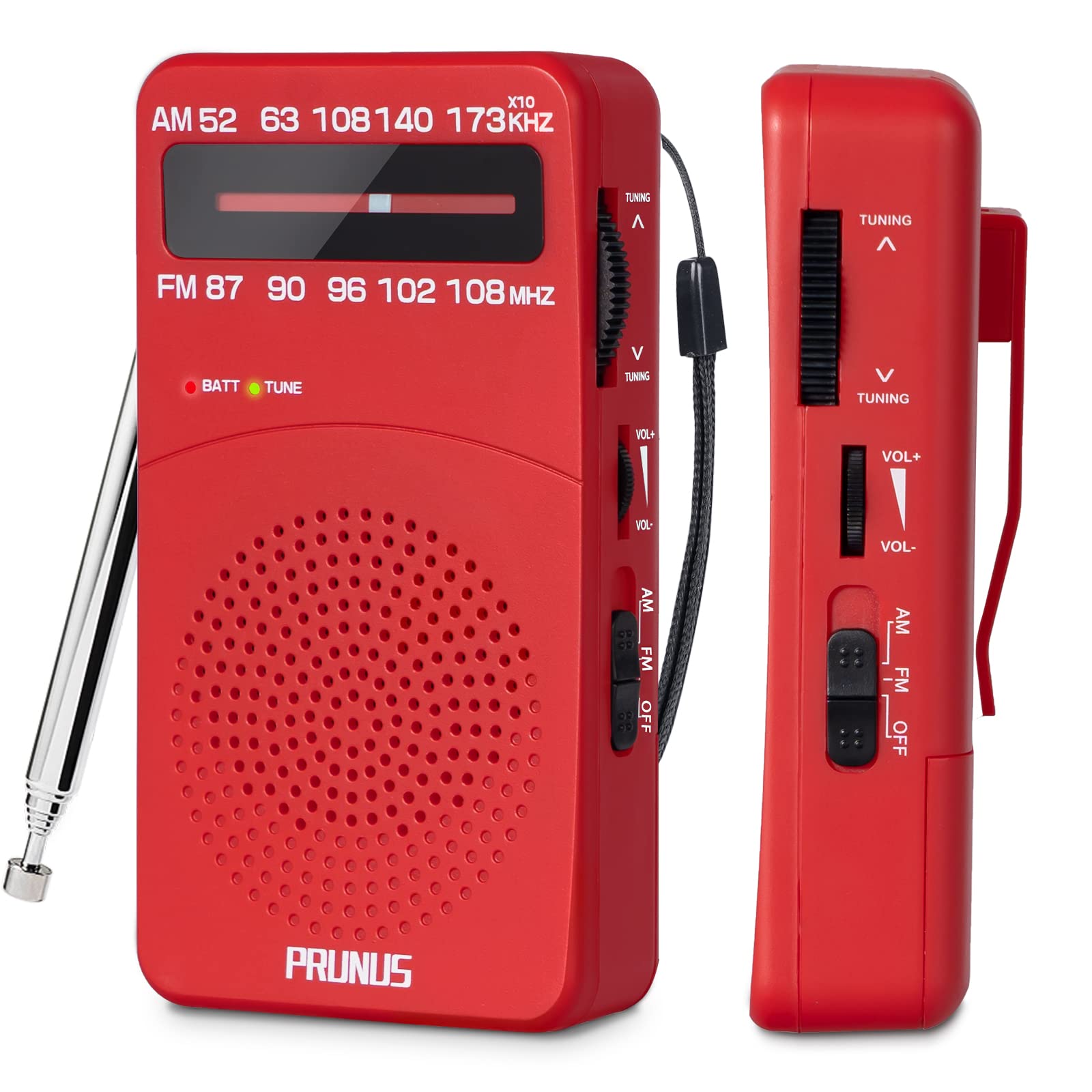 PRUNUS J-166 Small Transistor Radio AM FM, Battery Operated Radio with Tuning Light, Back Clip, Excellent Reception for Indoor &
