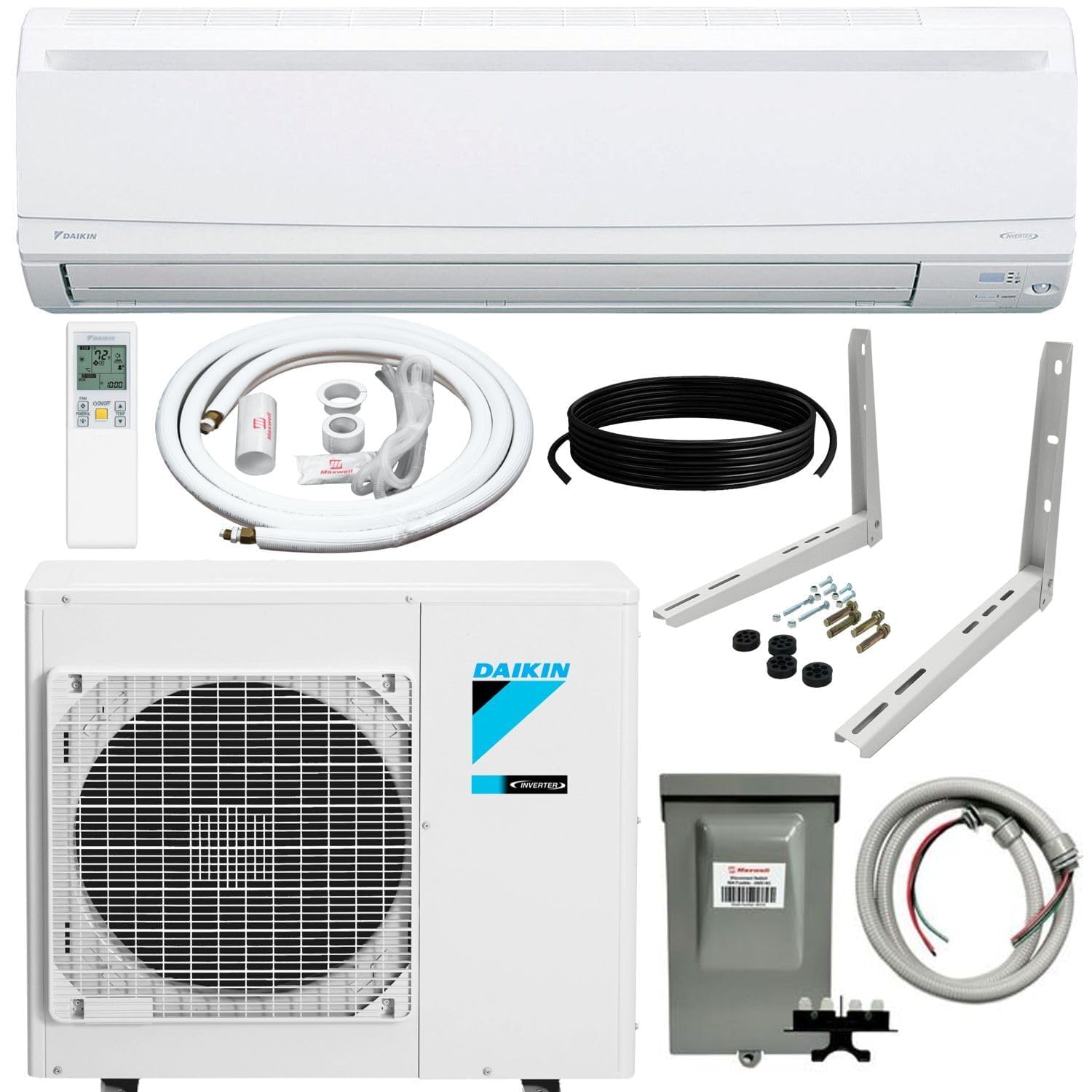 Daikin 15,000 Btu 20 SEER2 LV Series Ductless Mini-Split Wall Mount Heat Pump Air Conditioner with 15 Installation Kit, Wall Br