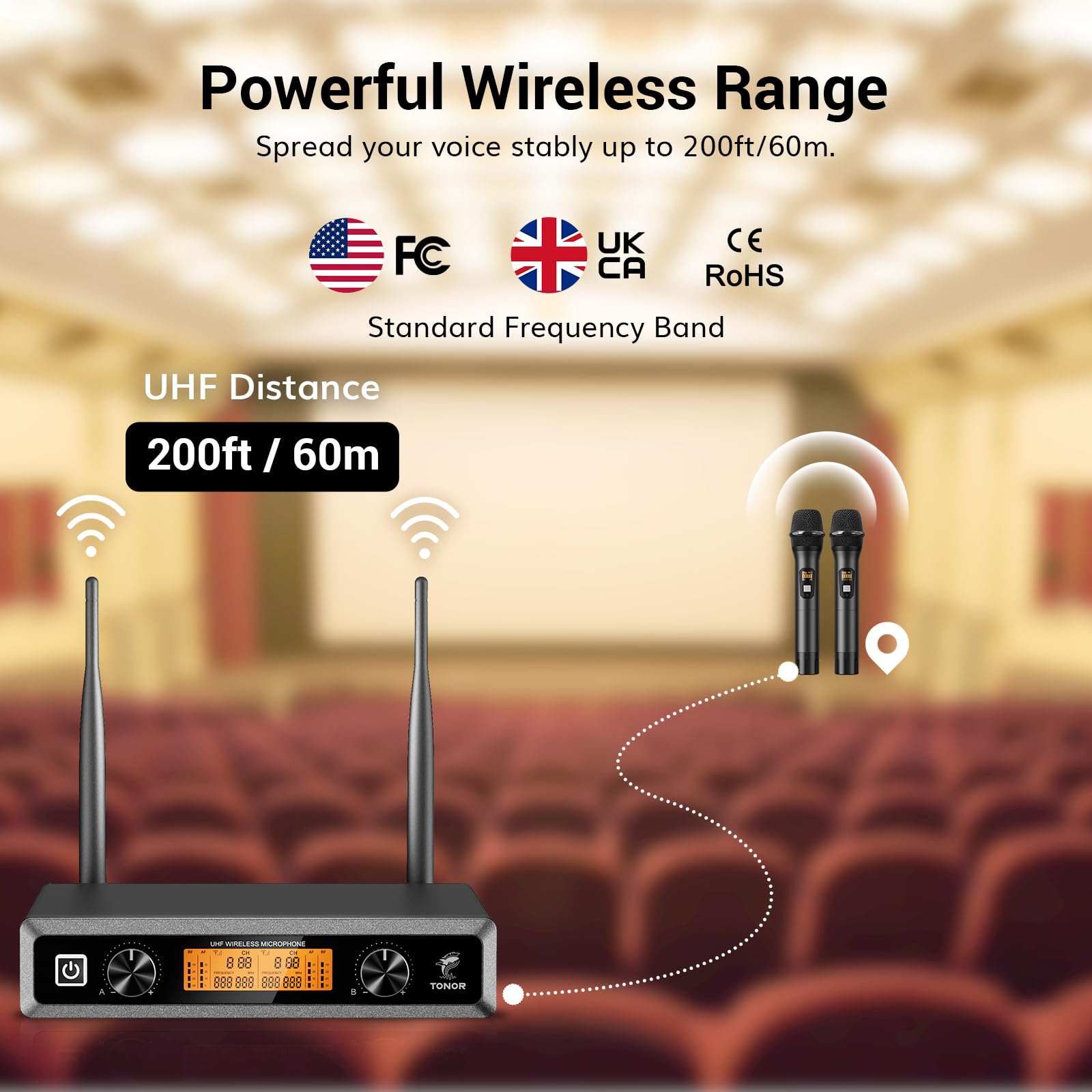 Tonor Wireless Microphone System, Professional Metal Cordless Karaoke Microphones, Handheld Dynamic Mic Set With Receiver For Pa