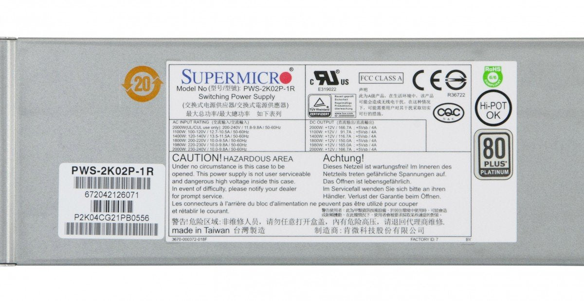 Supermicro Pws 2K02P 1R 2000W Redundant Platinum Power Supply