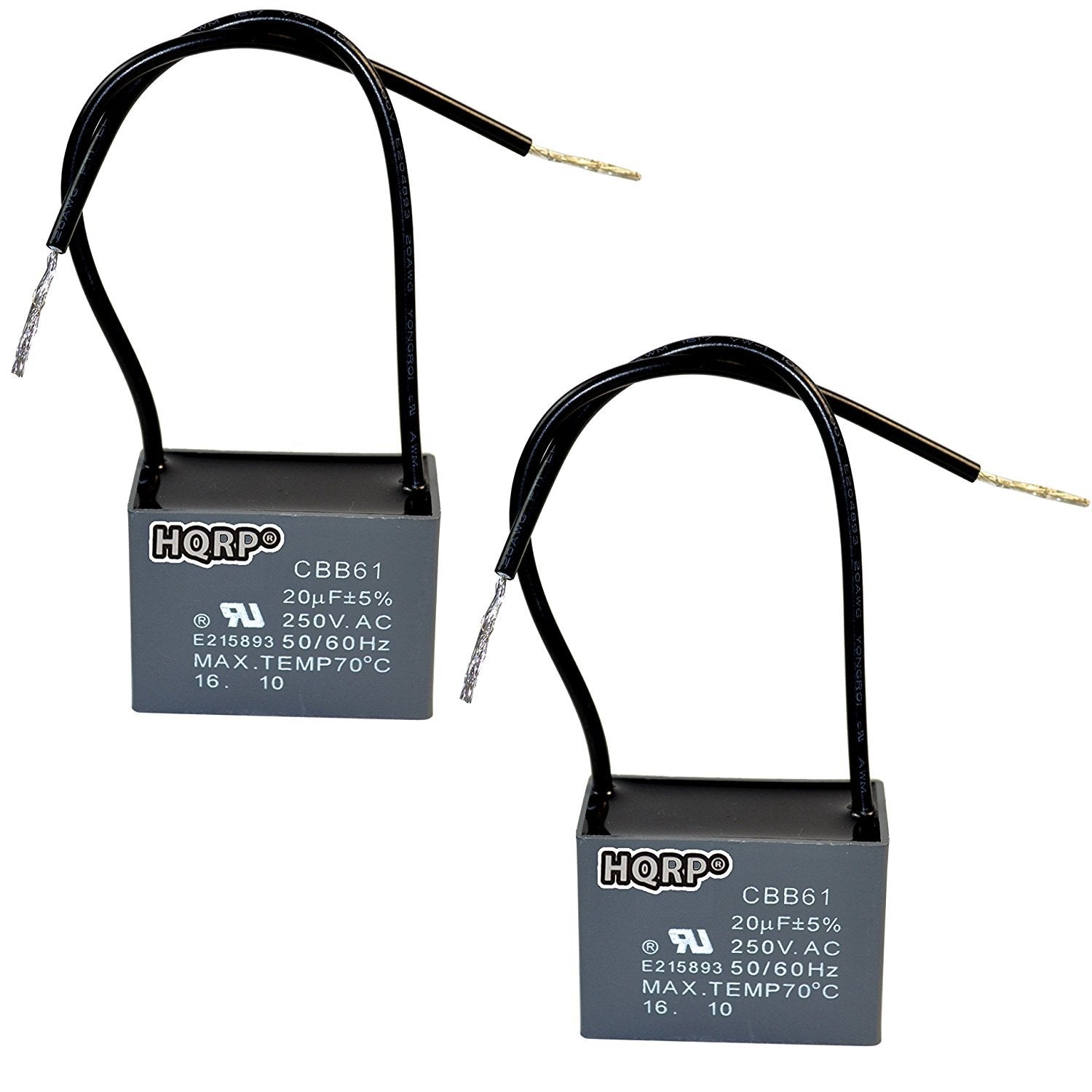 Hqrp 2 Pack Ceiling Fan Capacitor Cbb61 20Uf 2 Wire Ul Listed