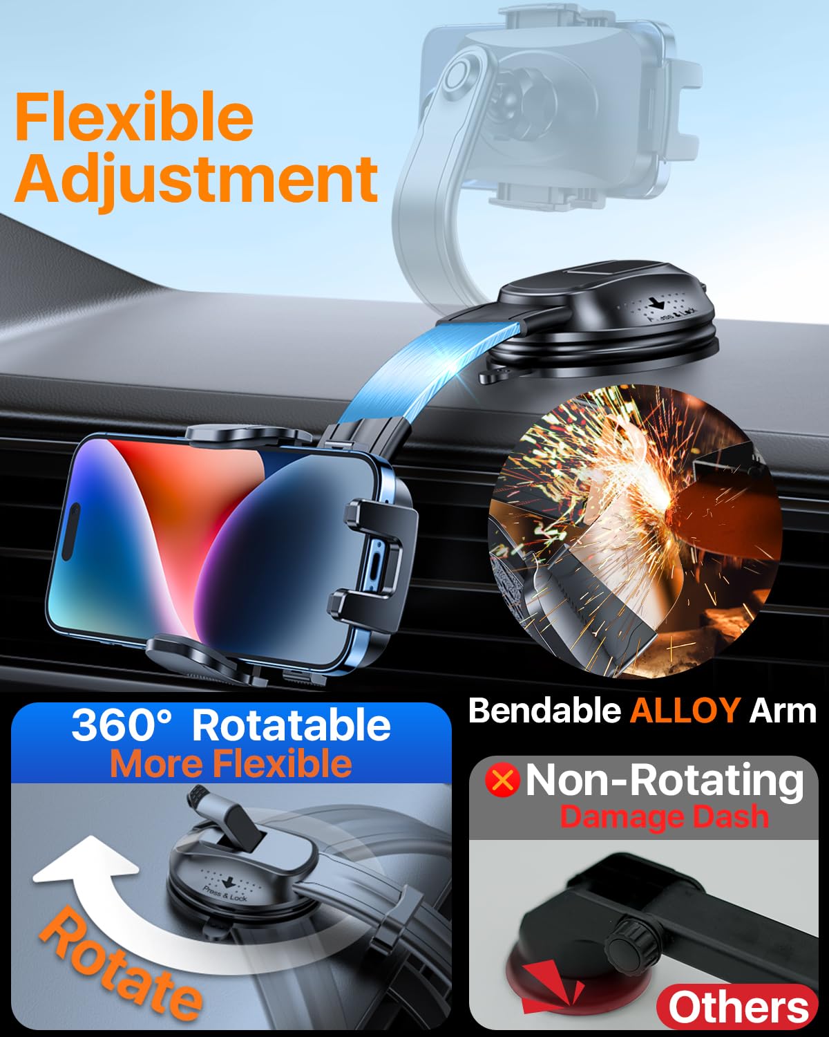 Htu Upgraded Strongest Suction Car Phone Holder Bendable Arm, Never Block View Rotatable Cellphone Mount For Dashboard Windshiel