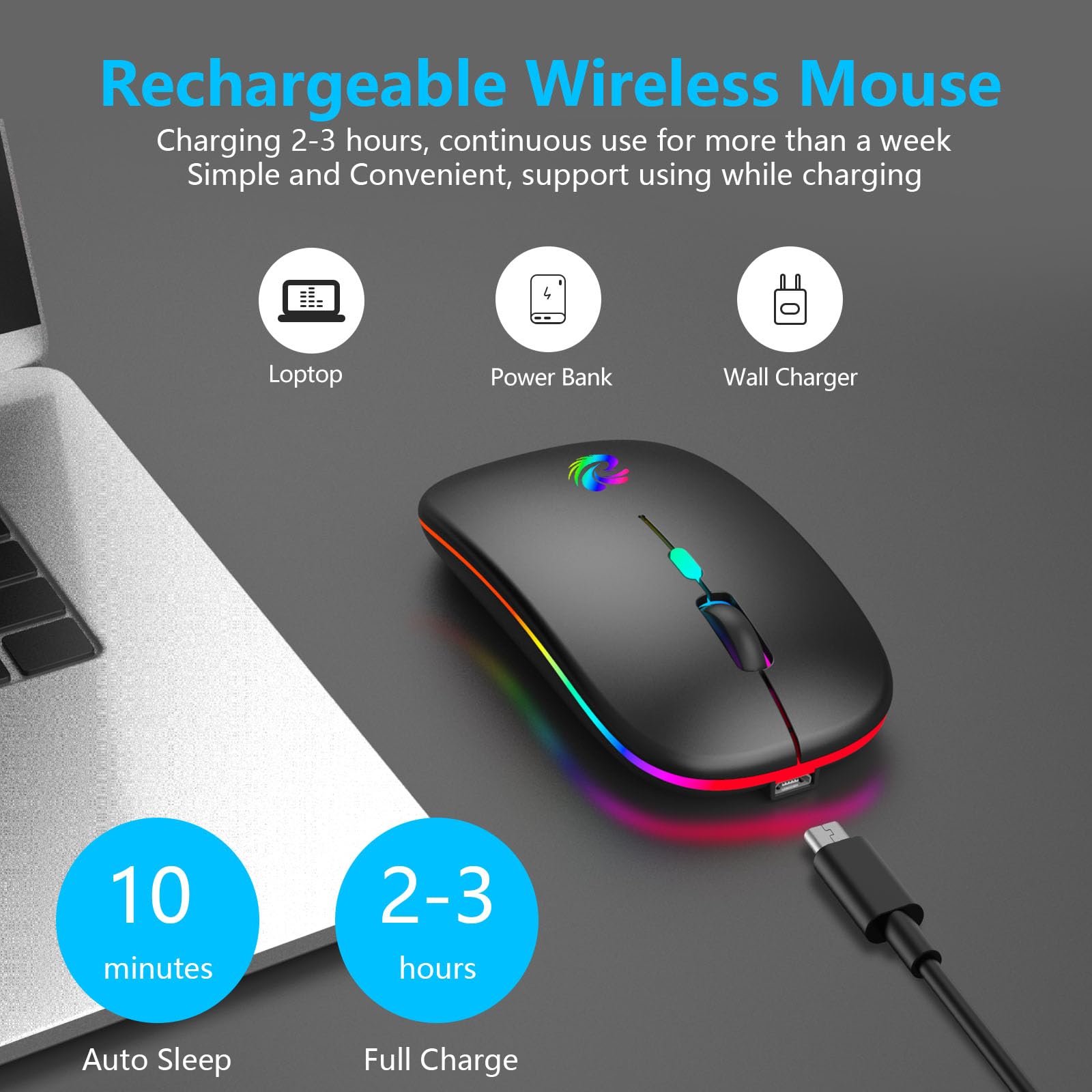 Amzcase Led Wireless Mouse, Rechargeable Slim Silent Mice 2.4G Portable Office Optical Mouse With Usb Receiver And Type C Adapte