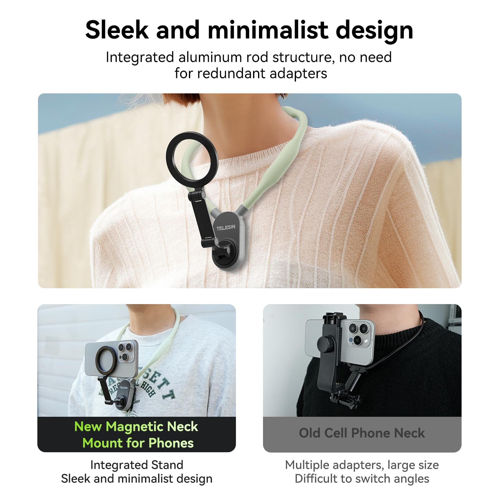 Telesin Magnetic Neck Mount For Phones, Cell Phone Holder Stand Hanging On Neck Pov/Vlog Selfie Hand Free Necklace Phone Strap V