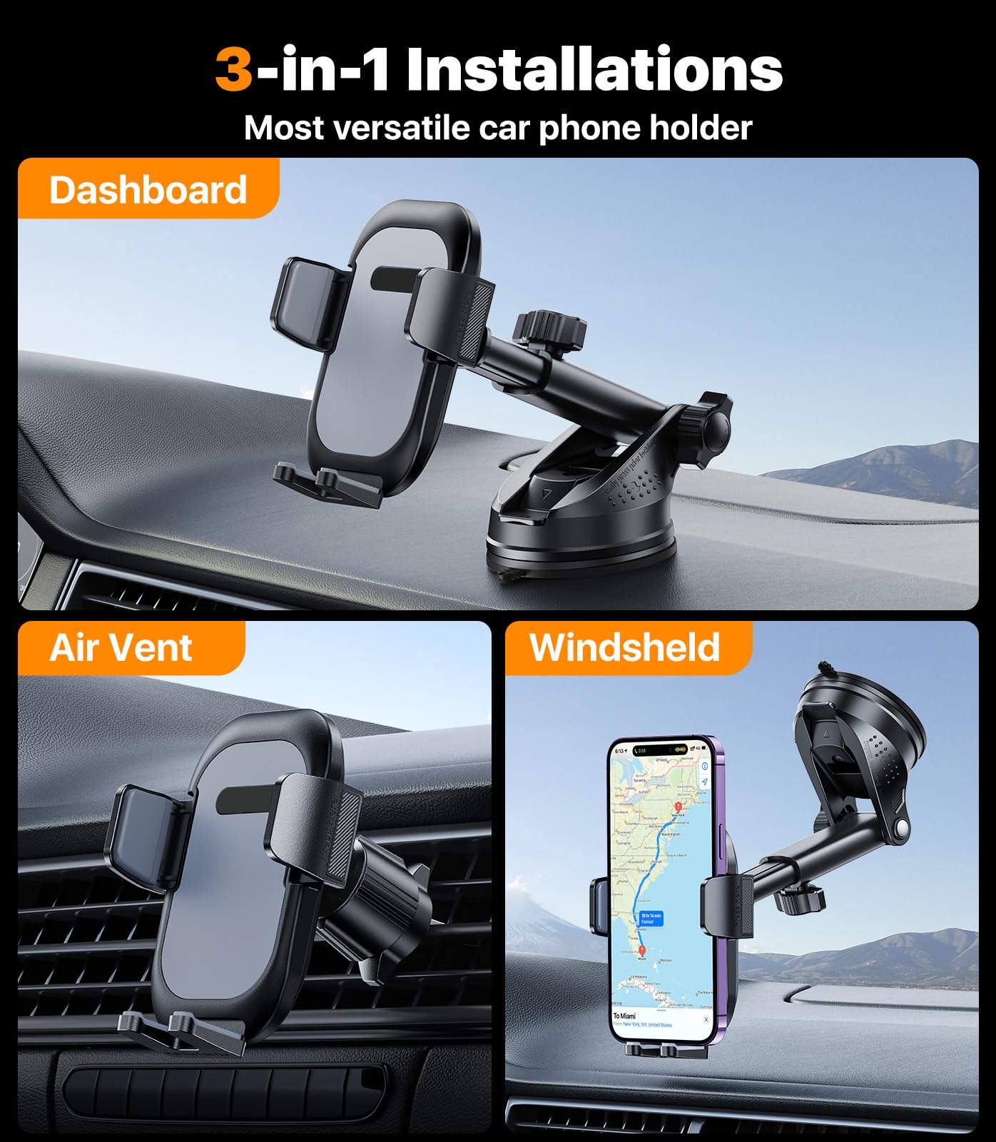 Hitolza Ultra Stable Phone Holders For Your Car [Powerful & 360 Adjustable Suction Cup] Universal Car Phone Holder Mount Long Ar