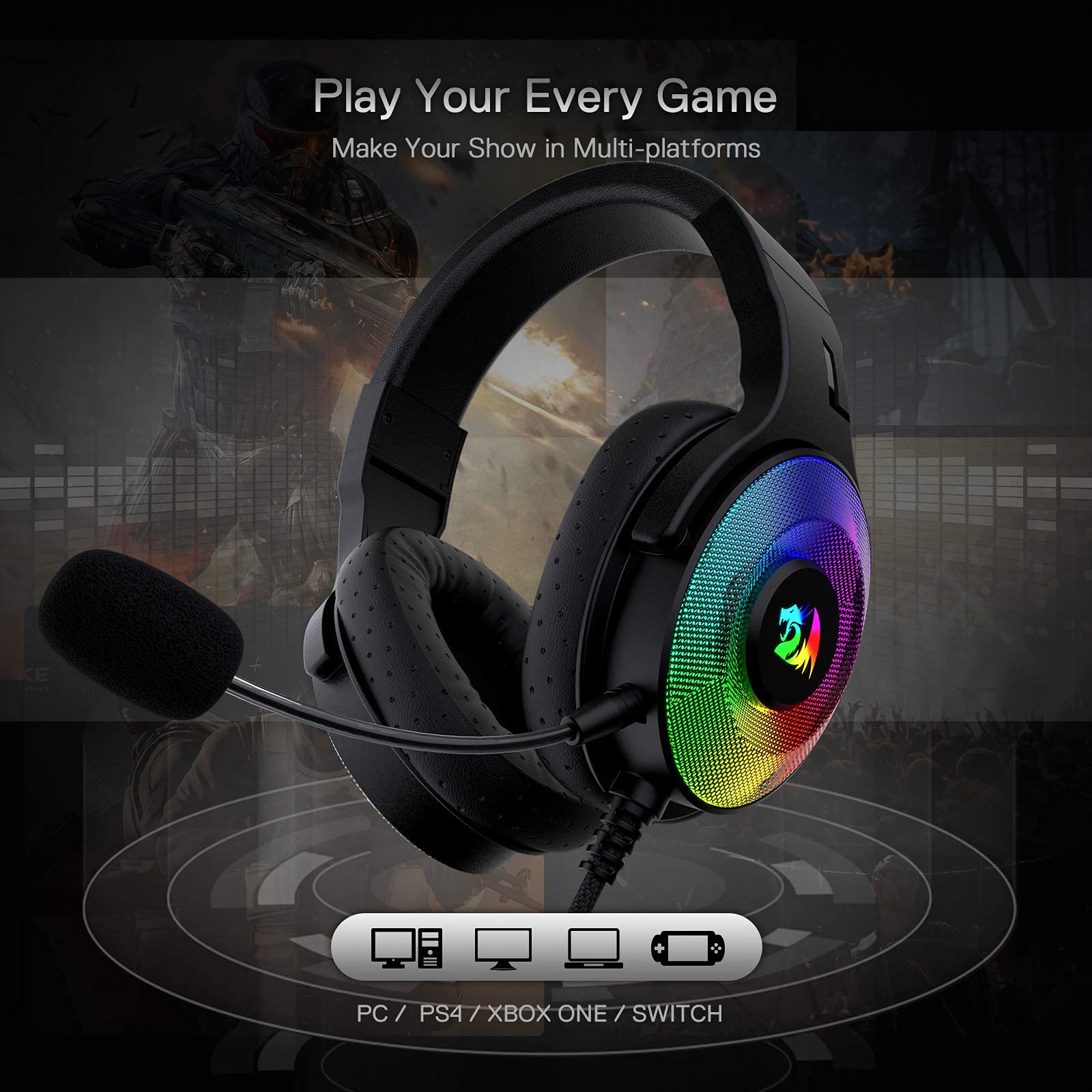 Redragon H350 Rgb Wired Gaming Headset, Dynamic Rgb Backlight - Stereo Surround-Sound - 50Mm Drivers - Detachable Microphone, Ov