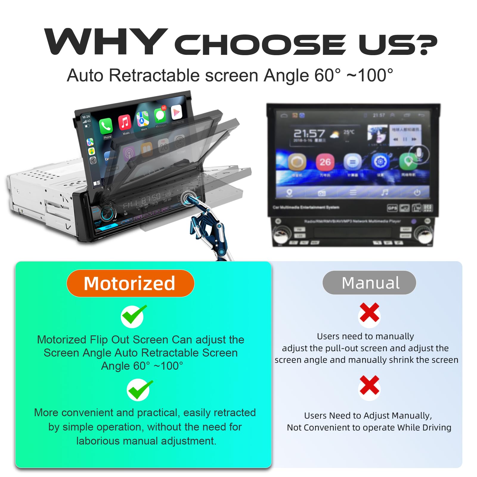 (Motorized&Hd Screen) Single Din Apple Carplay Car Stereo With Android Auto   7 Inch Flip Out Touchscreen Car Radio With Bluetoo