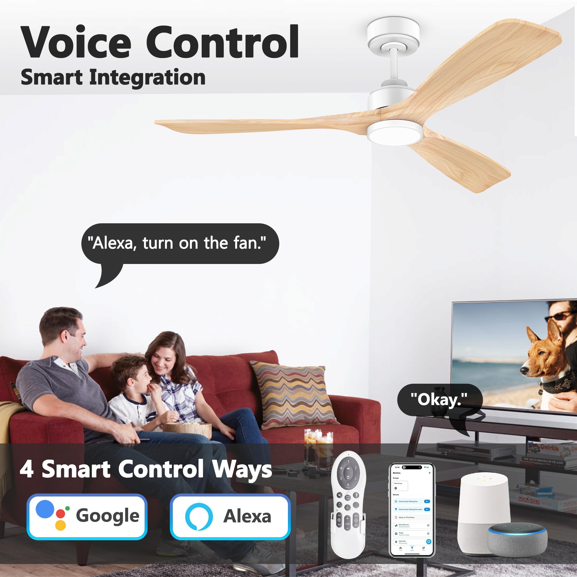 52 Inch Wood Smart Ceiling Fans With Lights Remote,Voice Control Via Wifi Alexa App,Quiet Dc Motor,Outdoor Indoor Ceiling Fan,Di