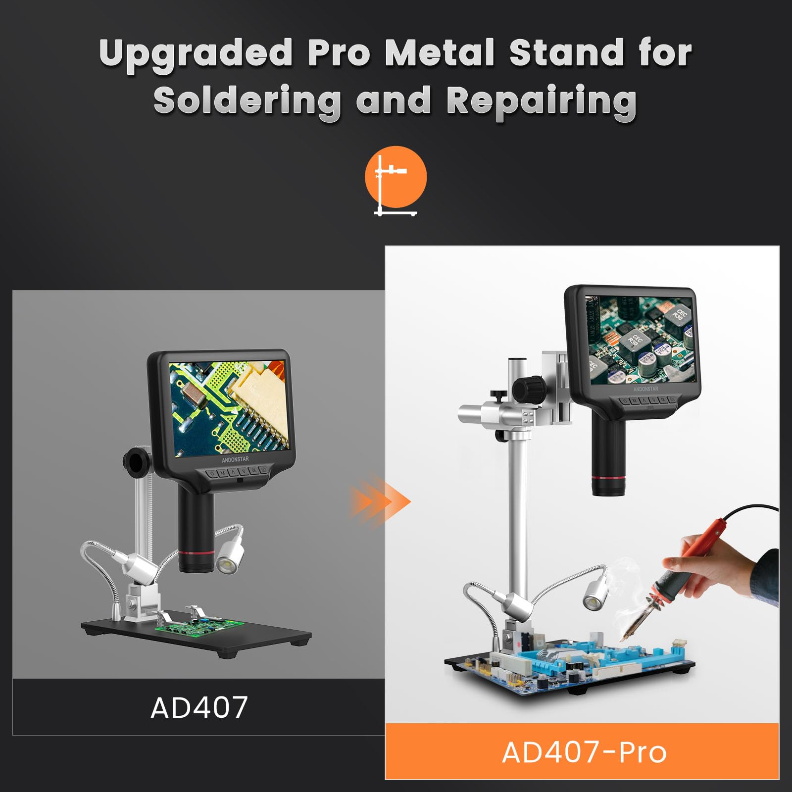Andonstar Ad407 Pro 3D Hdmi Soldering Digital Microscope With Pro Metal Stand 4Mp Uhd And 7 Inch Adjustable Lcd Screen Usb Video