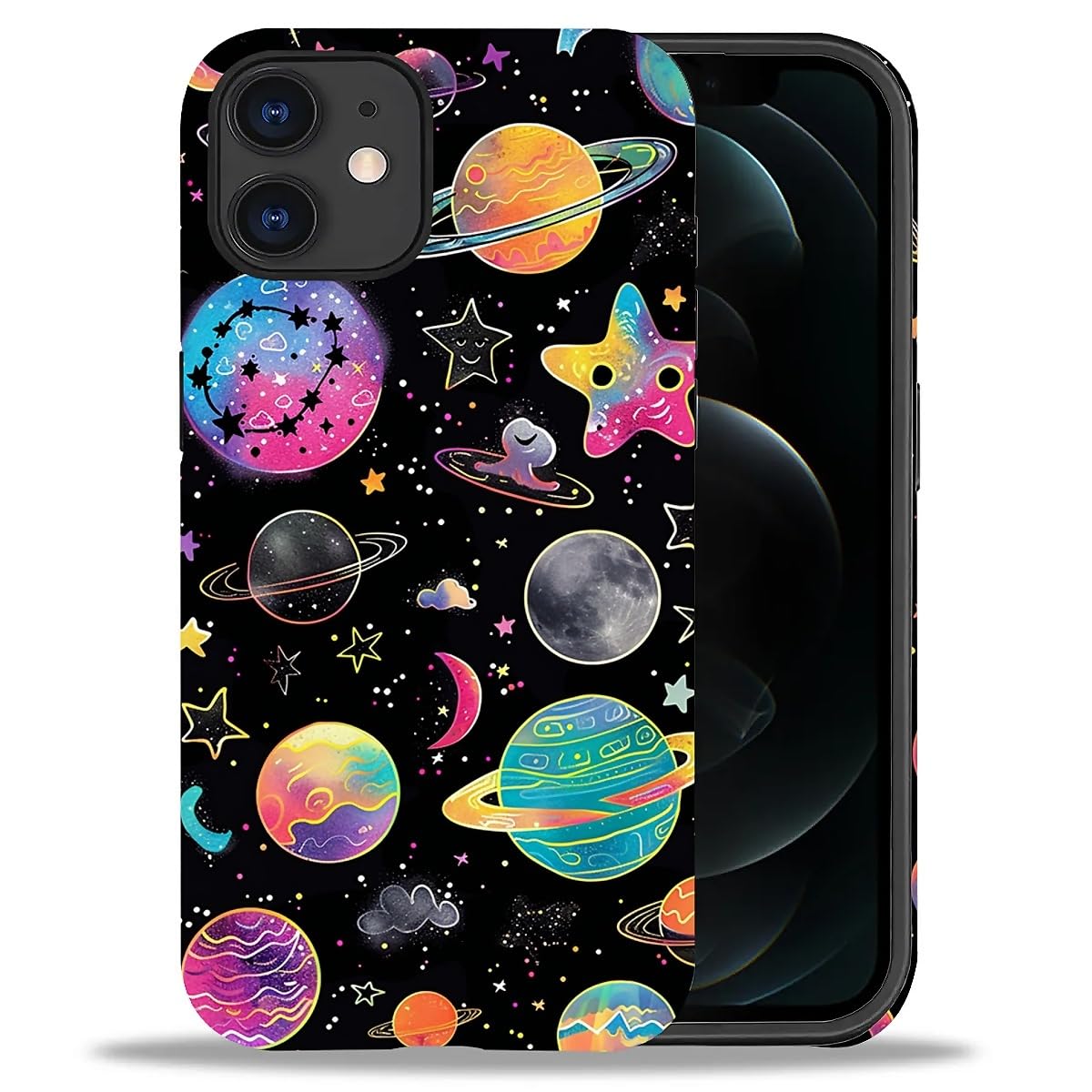 WANKBLC Compatible with iPhone 11 Matte Case, Rainbow Planet Stars Space Pattern for Girl Full Body Design Soft Silicone Drop Sh