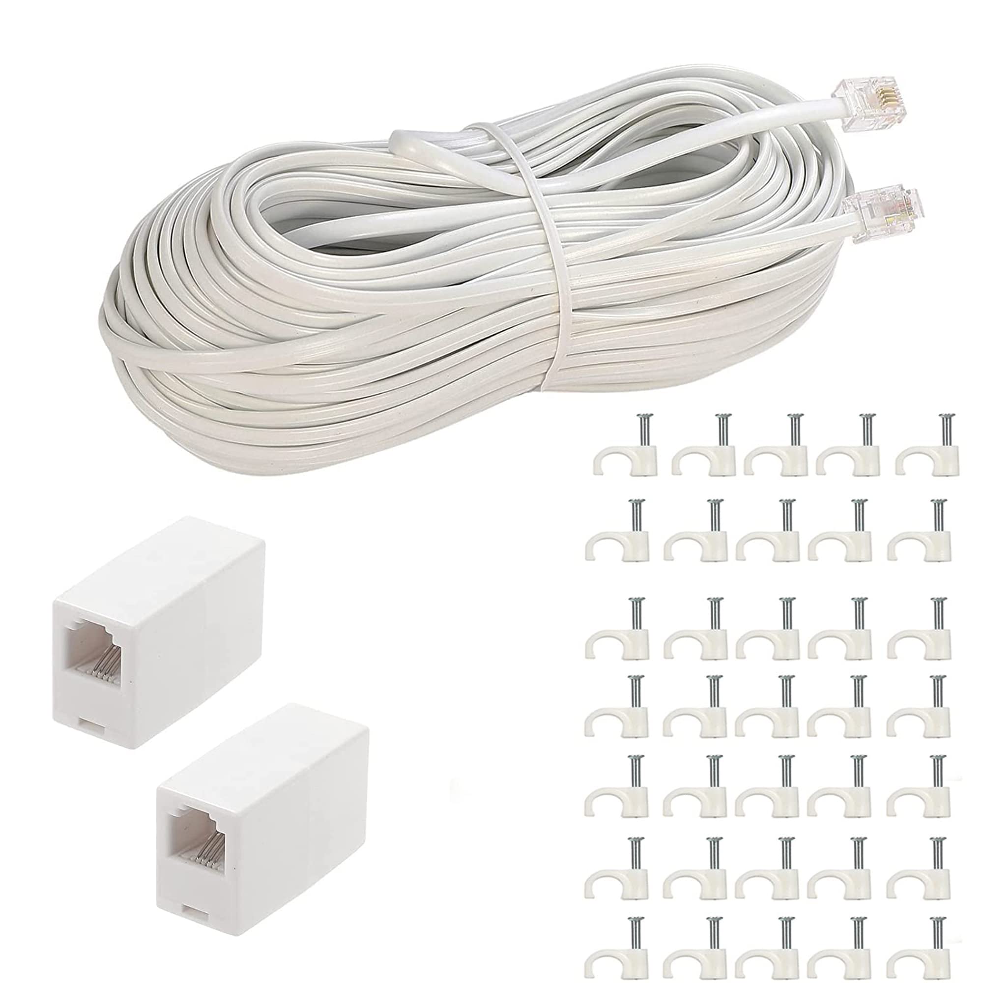 Lansensu Phone Extension Cord100 Ft, Phone Cord ,Telephone Cable With Standard Rj11Plug And 2 In Line Couplers And 35 Cable Clip