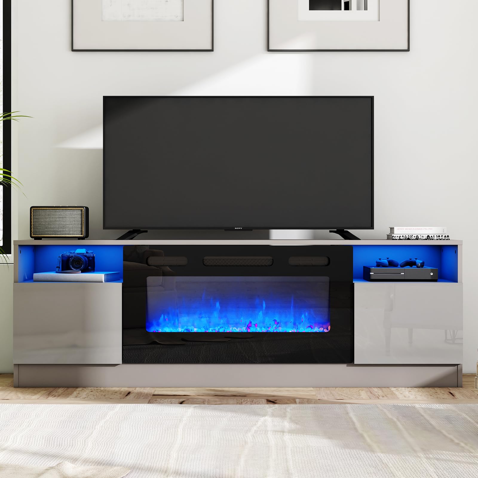 Amerlife Tv Stand With Fireplace, Led Light Entertainment Center With 36'' Electric Fireplace, 70'' Modern Wood Entertainment St