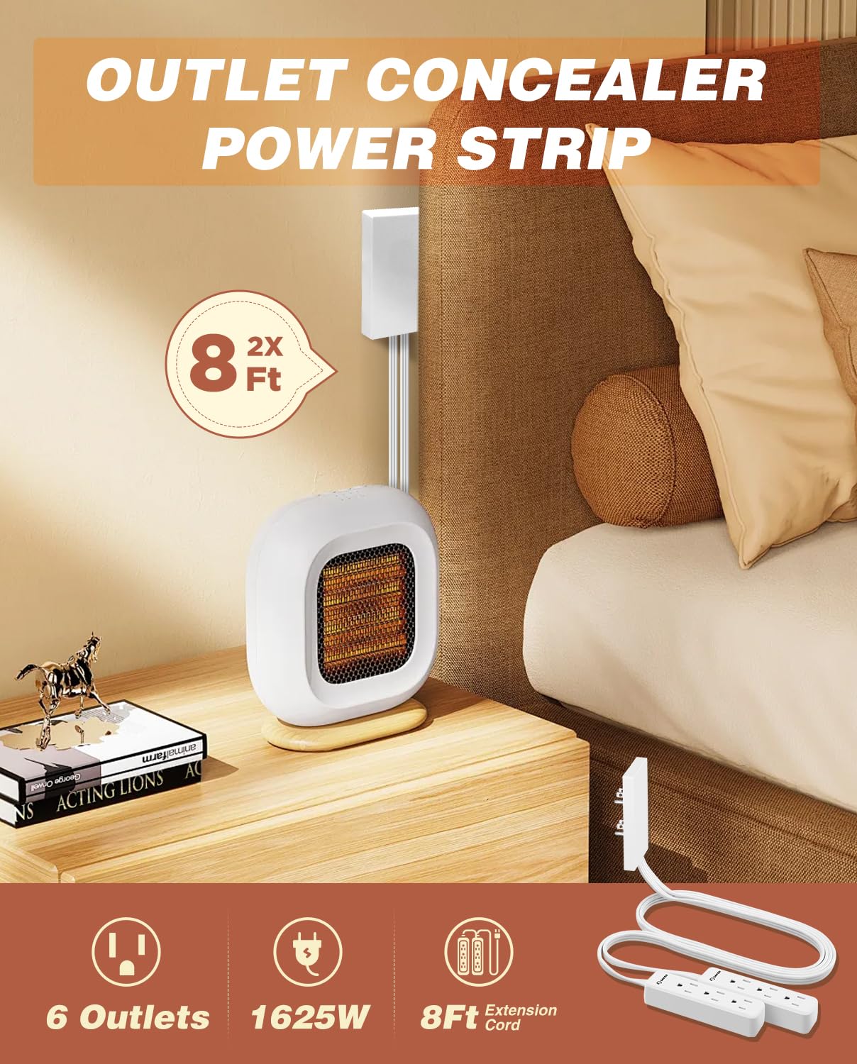 Saker Outlet Cover Extension Cord | 8Ft Flat Extension Cord With 3 Outlets,1625W | Universal Size Outlet Concealer | Outlet Cove