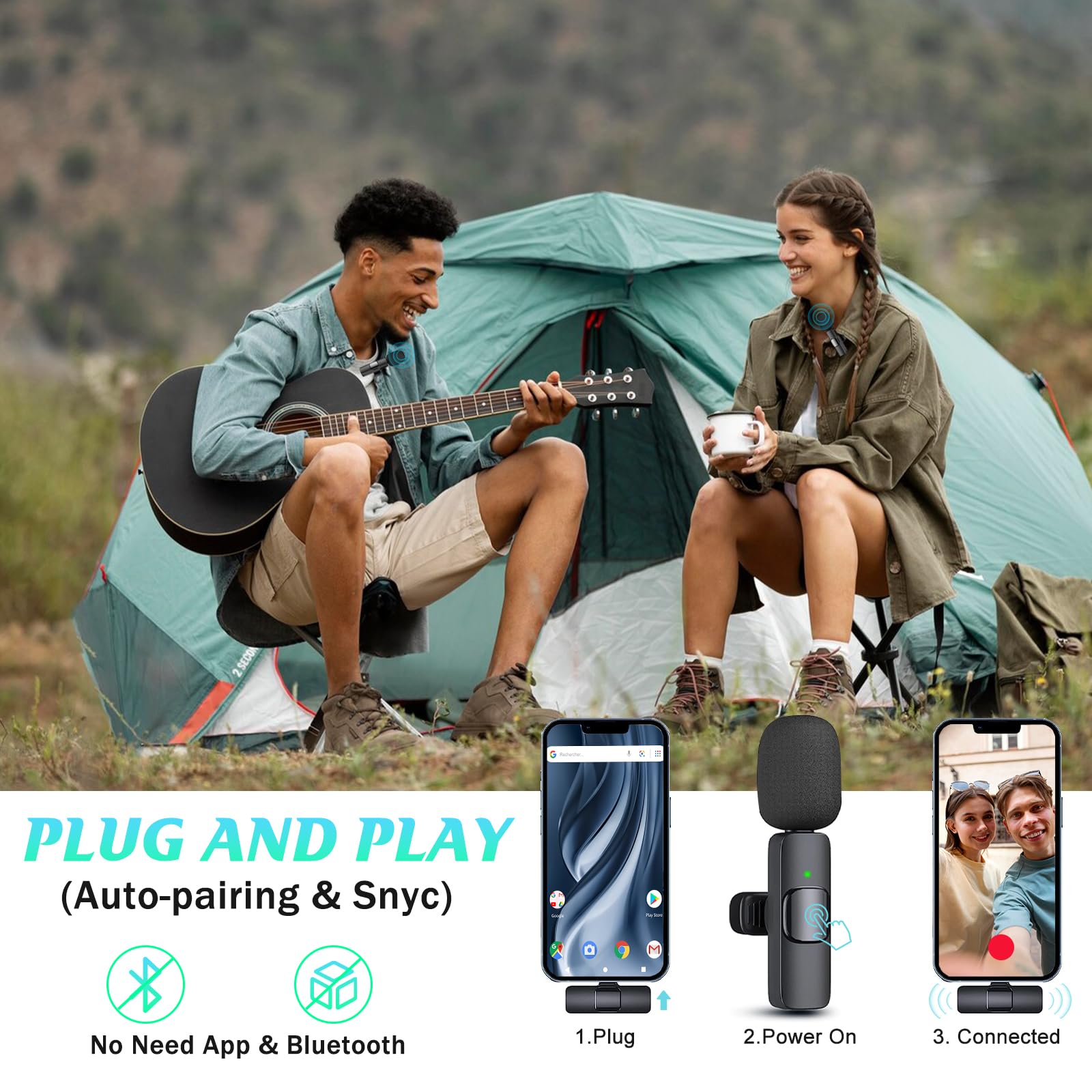 Gogara Wireless Microphone For Iphone Microphones 2 Pack, Mini Mic, Cordless Lavalier Microphone Recording Lapel Mic, Plug Play,