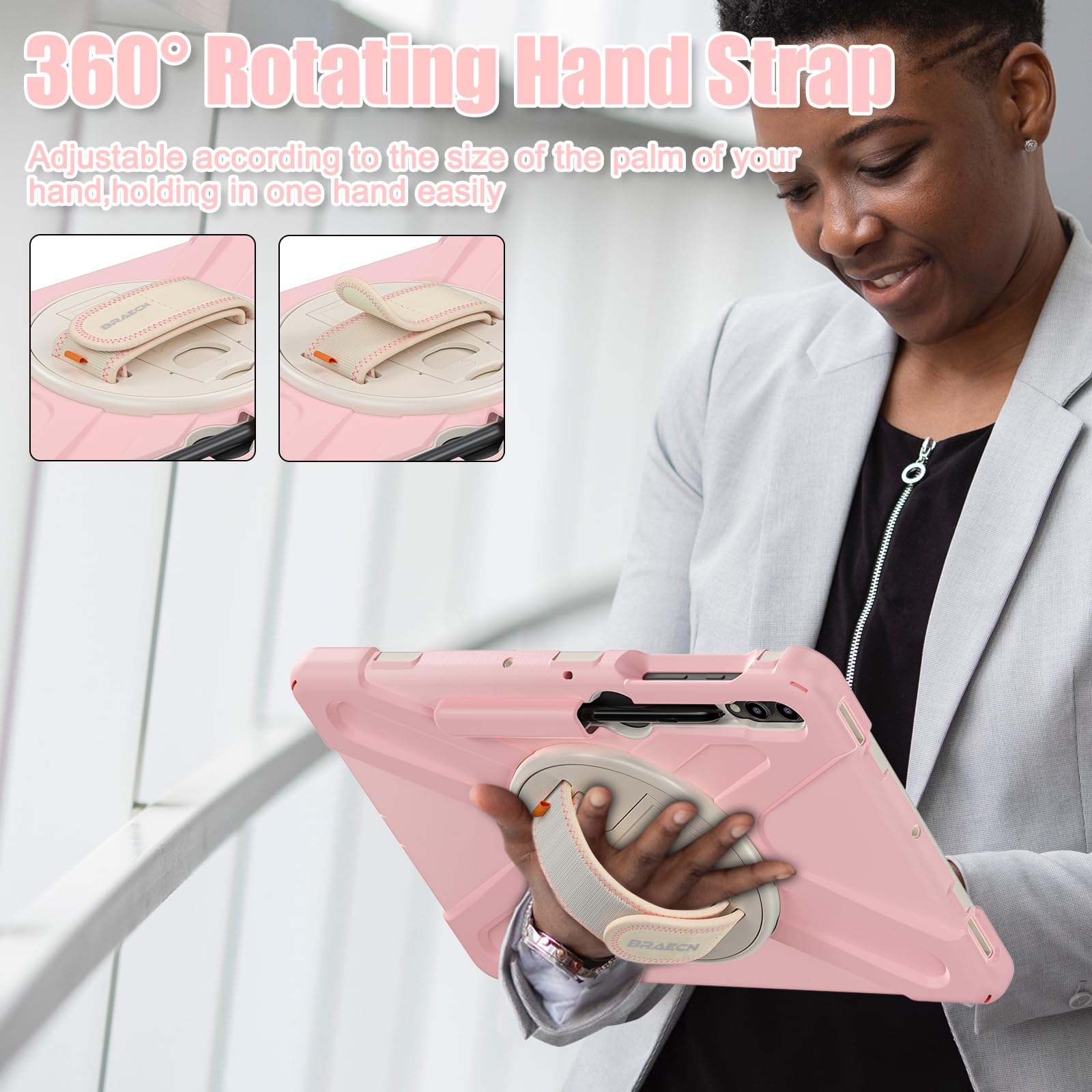 Braecnstock Samsung Galaxy Tab S9 Plus 12.4 Inch Case With Pencil Holder, Shockproof Protective Cover, Rotating Hand Strap & Sta