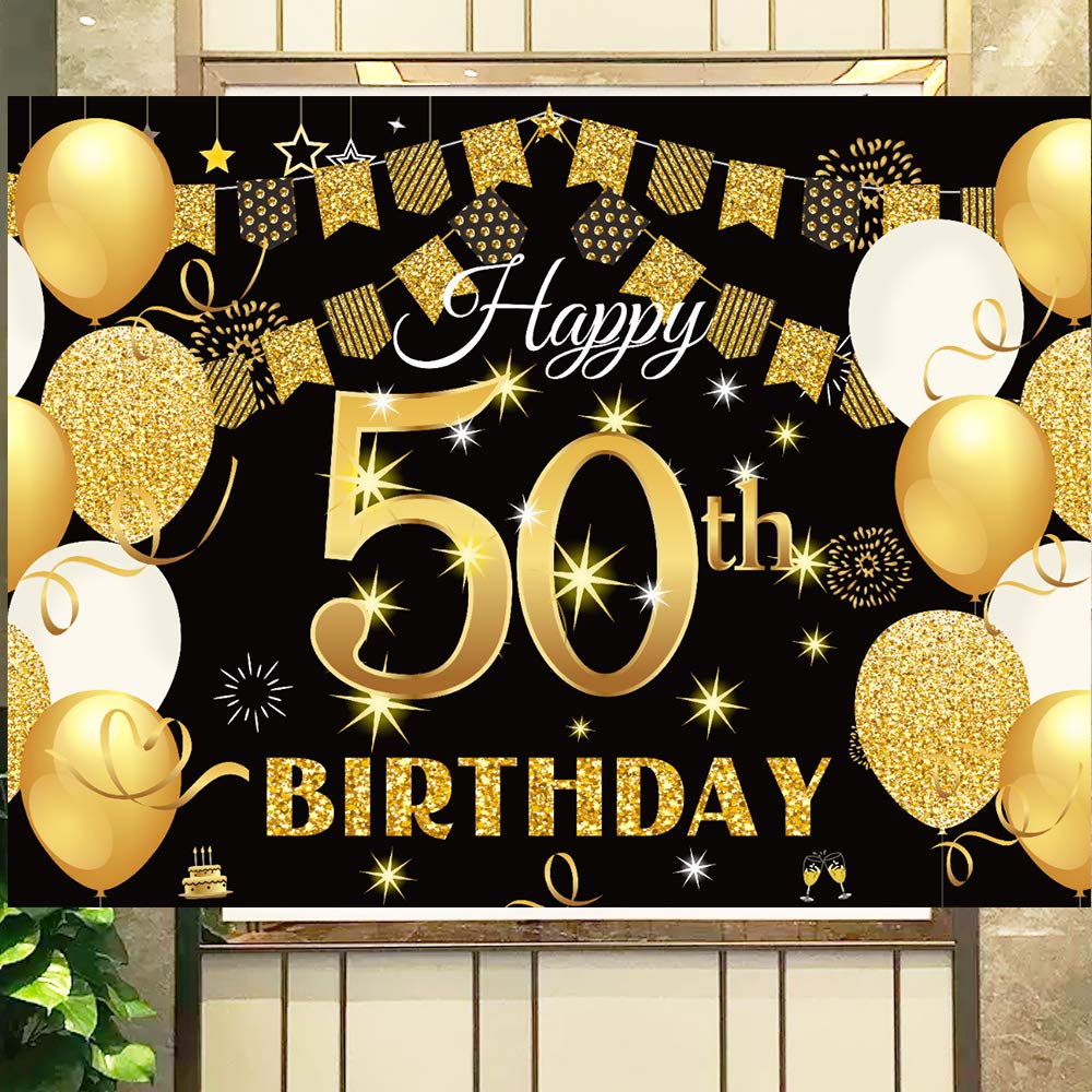 Saliyaa 7X5Ft Happy 50Th Birthday Backdrop,Happy Birthday Party Decoration, Black Gold Birthday Sign Poster Photo Booth Backdrop