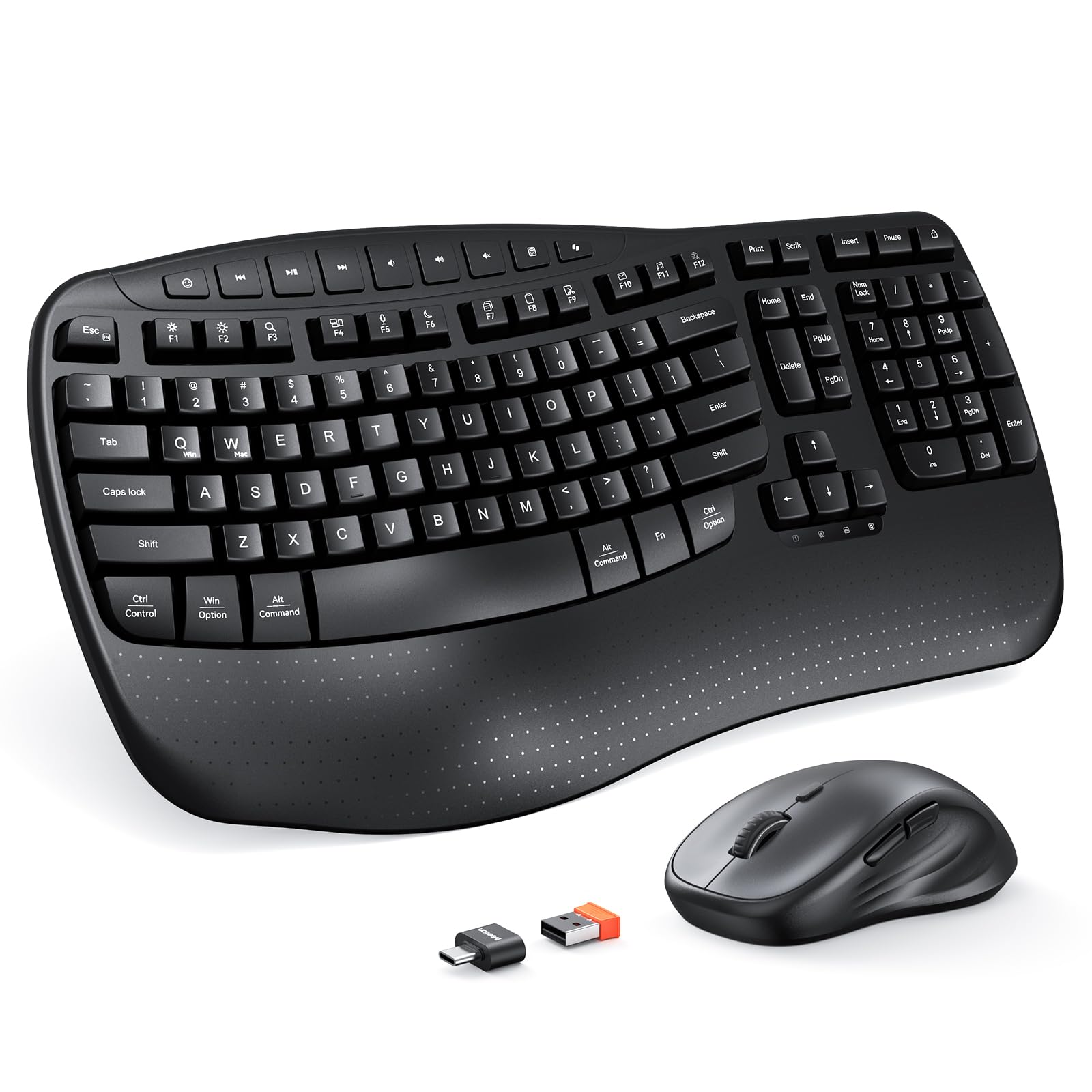 MEETION Ergonomic Keyboard and Mouse Wireless Combo, Wave Keys Natural Typing, 2.4G USB Receiver Wireless Keyboard with Wrist Re