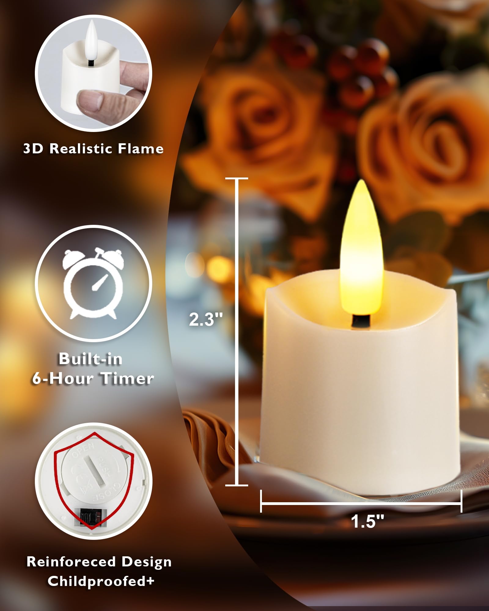 Homemory 12Pack Timer Flameless Led Votive Candles, Realistic 3D Flickering Flameless Candles, Long Lasting Battery Operated Tea