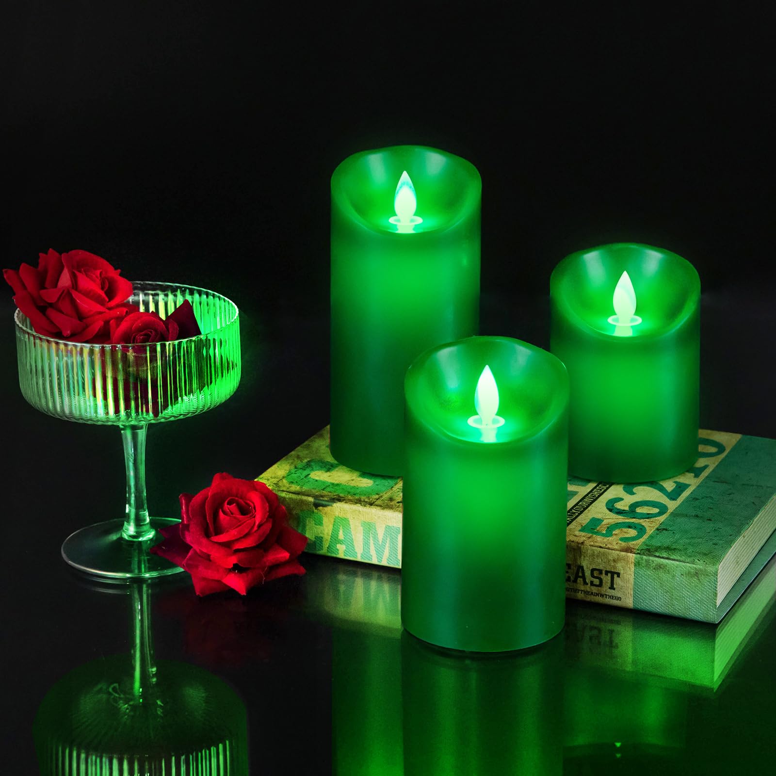 Windshell Green Flame Candles (Green Led Light Source), Moving Wick Design, Real Wax/Battery Operated, Remote Control With Timer