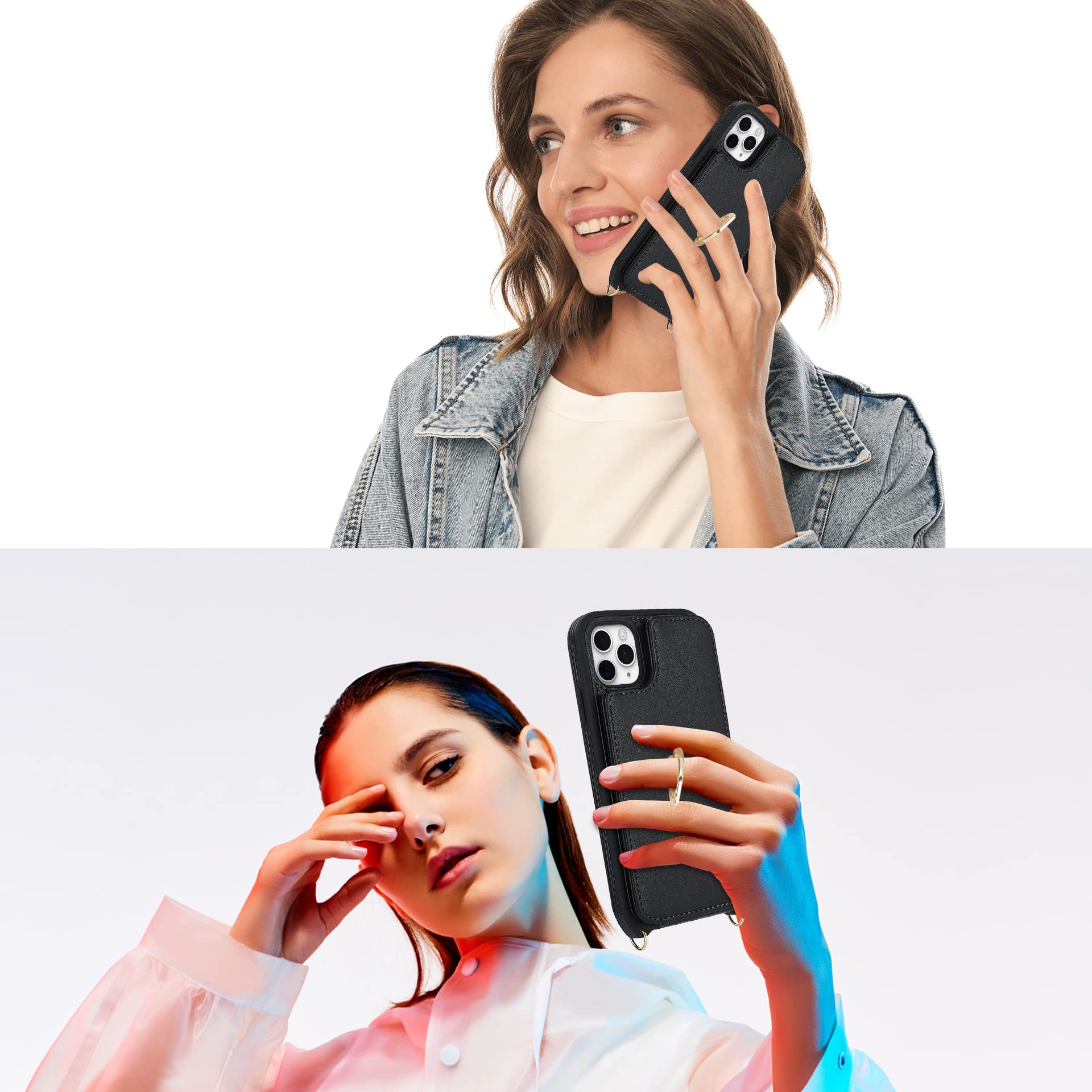 Lipvina For Iphone 11 Pro Phone Case With Card Holder And Strap For Women,Crossbody Lanyard,Kickstand Ring Stand,Snap Clasp,Phon