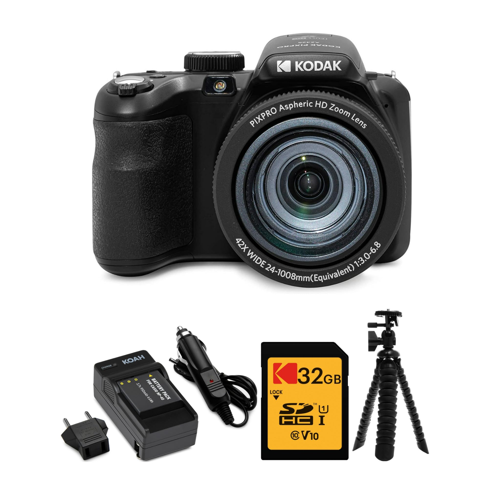 Kodak Pixpro Az425 Astro Zoom 20Mp Digital Camera With 42X Optical Zoom (Black) Bundle With 32Gb Sd Card, Battery And Charger, A