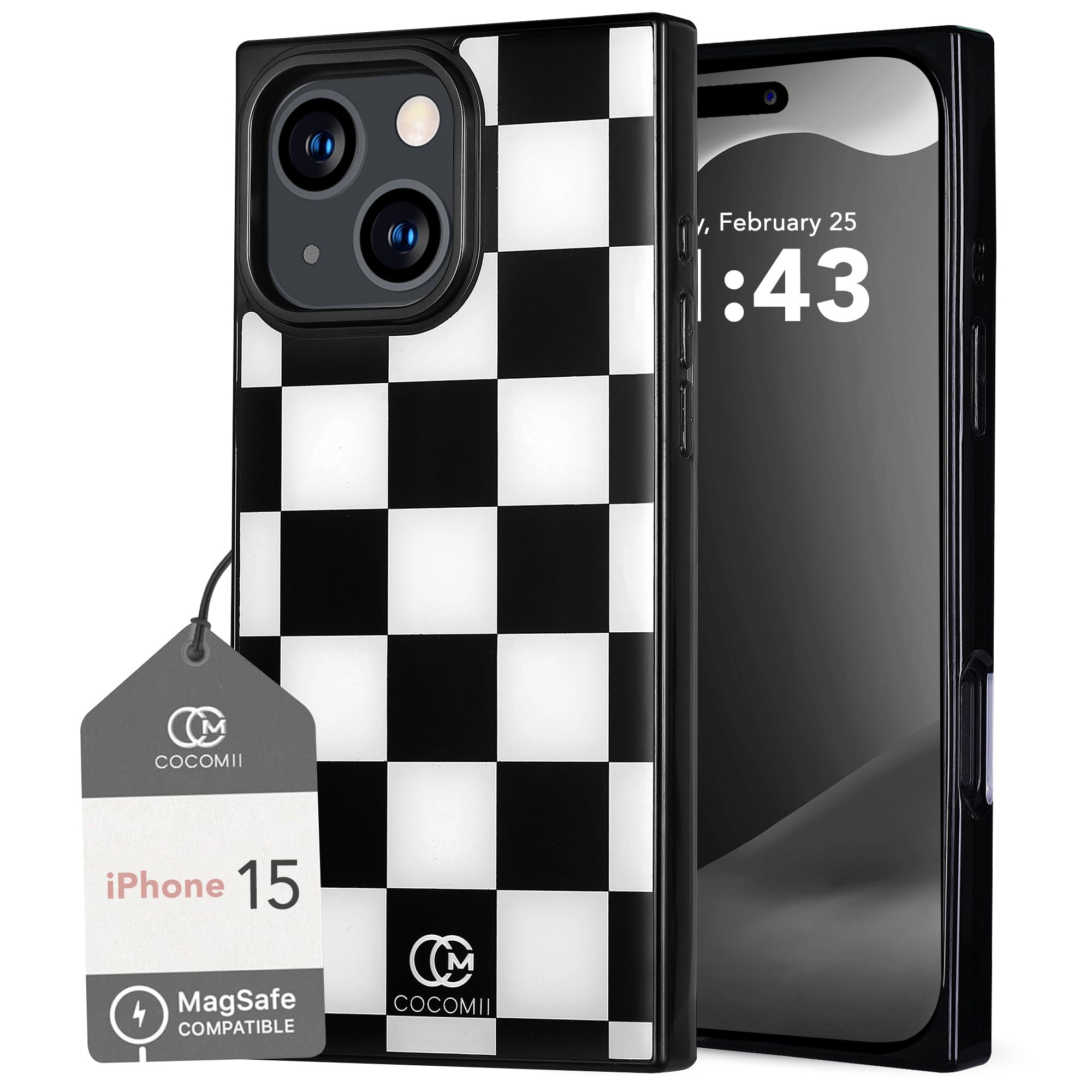 COCOMII Rectangle Case for iPhone 15, Compatible with MagSafe, Monochrome Checkered