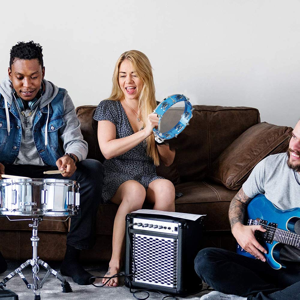Ennbom Tambourine Adjustable Tone Hand Drum Double Row Metal Jingles Hand Bell Performance Level Handheld Percussion (Blue)