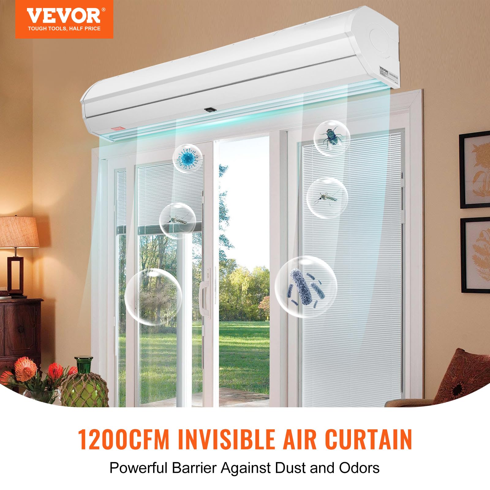 Vevor 48 Commercial Indoor Air Curtain Super Power 2 Speeds 1200Cfm, Wall Mounted Air Curtains For Doors, Indoor Over Door Fan W