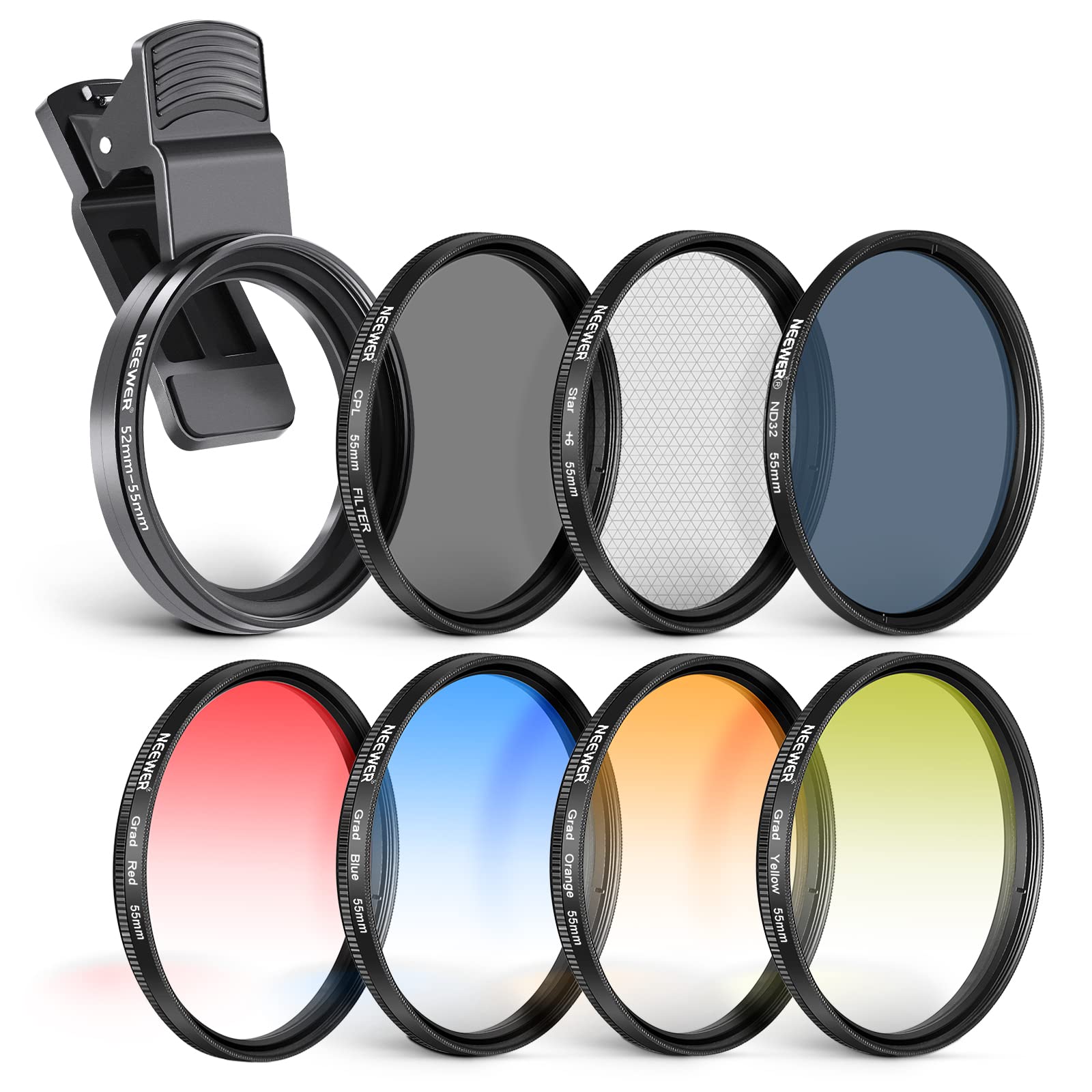 Neewer 55 Mm Nd+Cpl + Effect Filter Set With Mobile Phone Lens Clamp, Polarising Filter Nd32, 6 Point Star Filter 4 Graduated Co