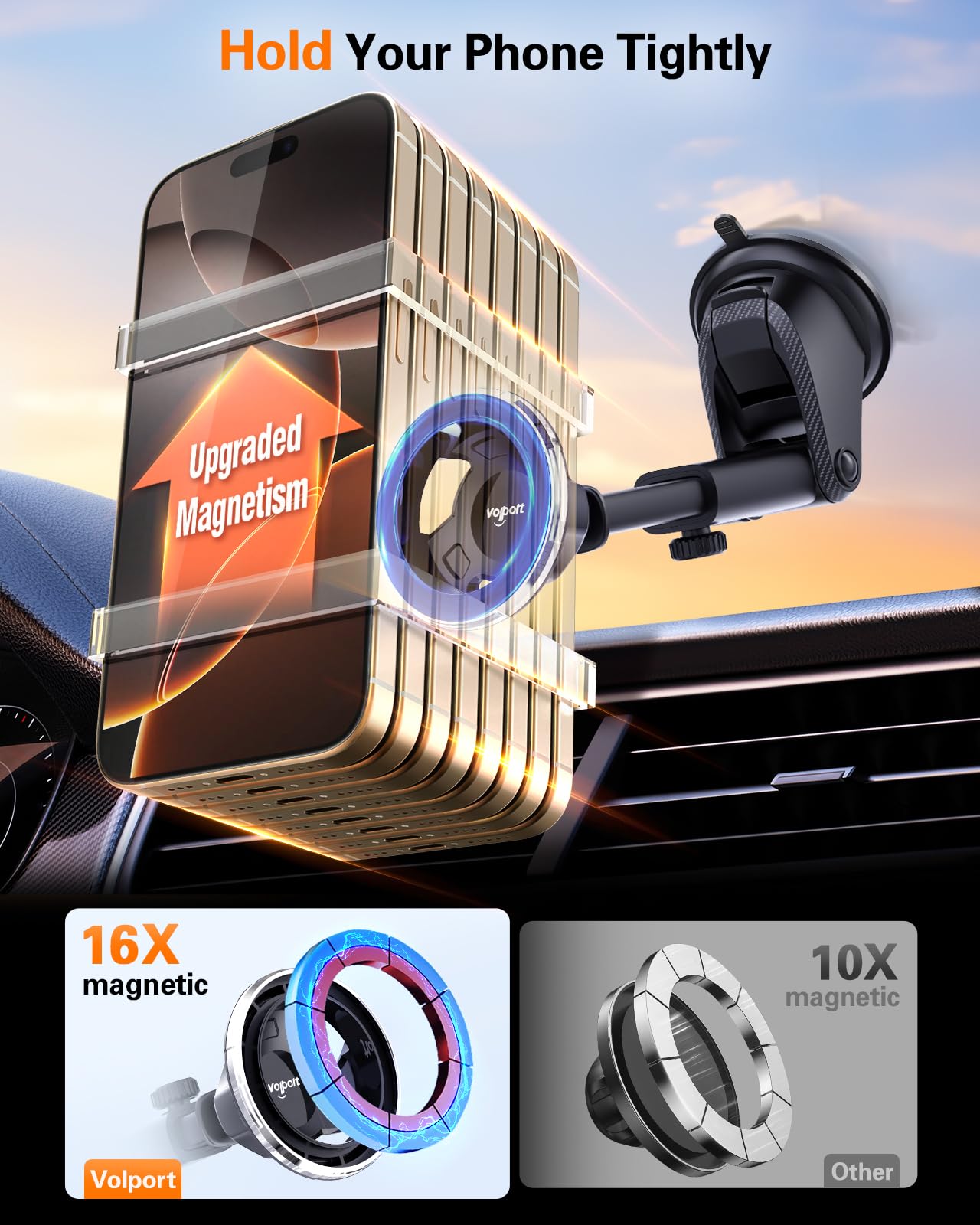 Volport For Magsafe Car Mount [Dashboard & Windshield]: Universal Dash Magnetic Phone Holder [360 Rotatable Suction Cup], Strong