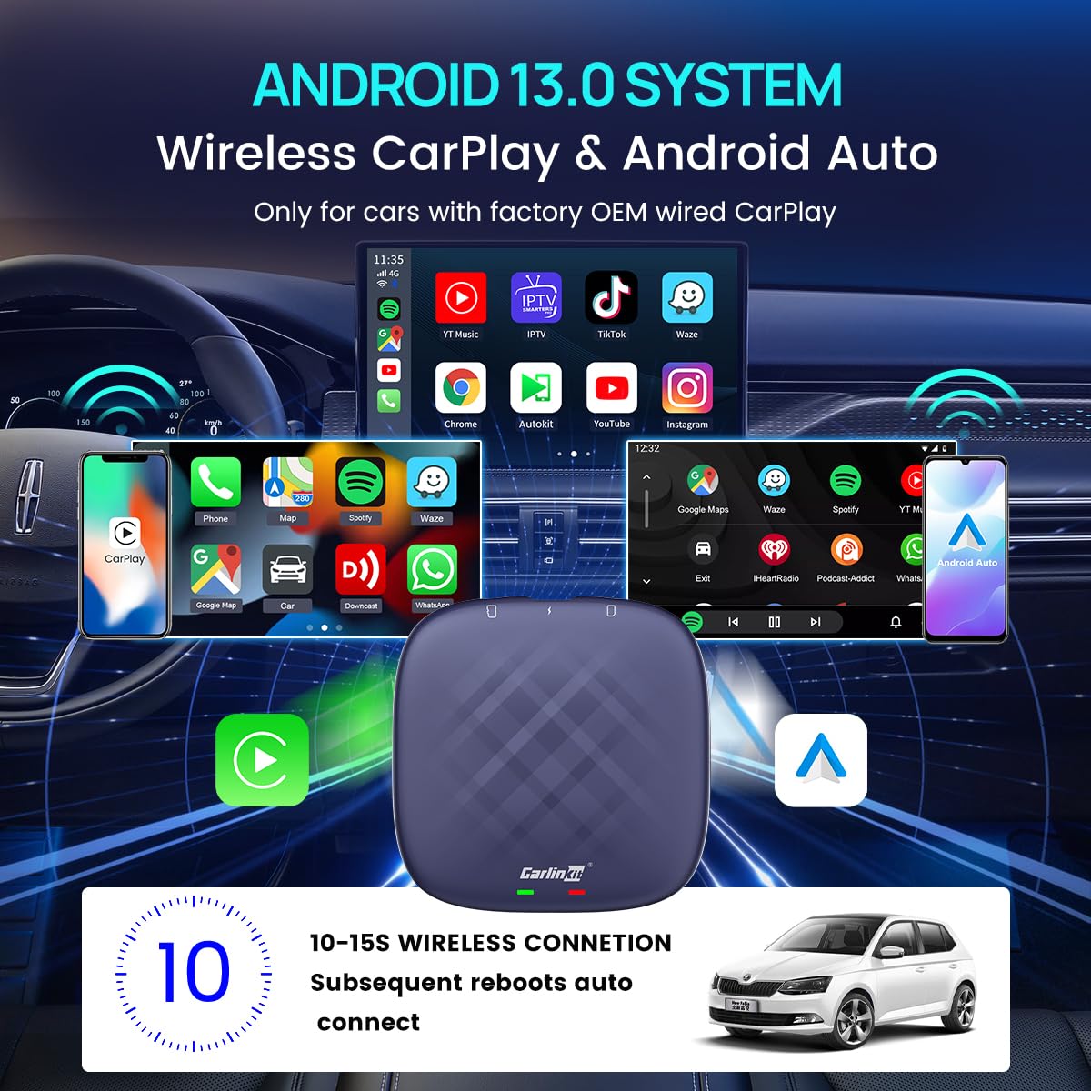 Carlinkit Carplay Ai Box Magic Box Android 13.0 System Wireless Carplay Adapter Android Auto Support Netflix Youtube Google Gps+Glonass 4G Network.For Iphone & Android Phone,Wired To Wireless,8G+128G
