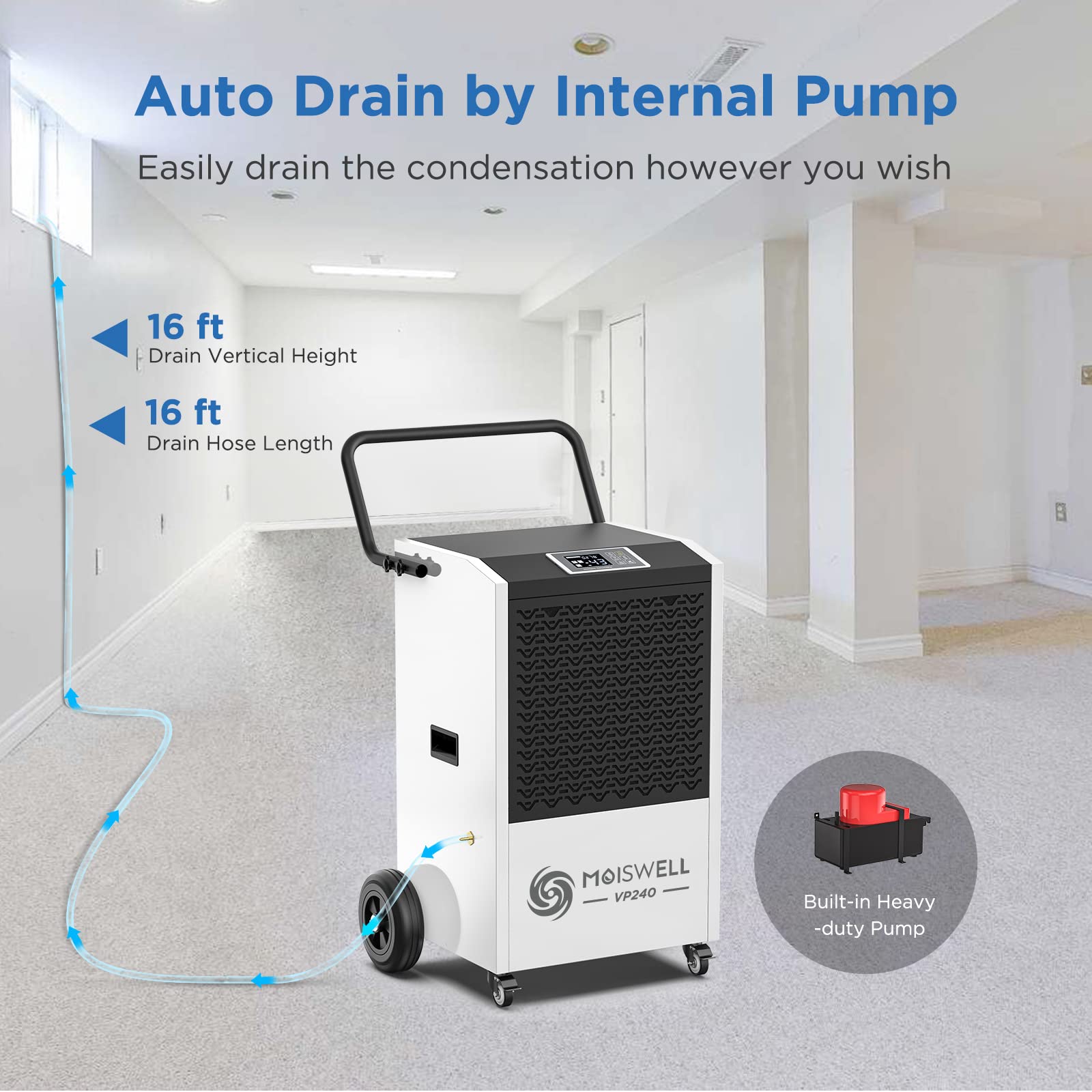 Moiswell 240 Pints Commercial Dehumidifier With Pump And Drain Hose For Basements And Large Spaces Up To 8,500 Sq Ft, 5 Years Wa