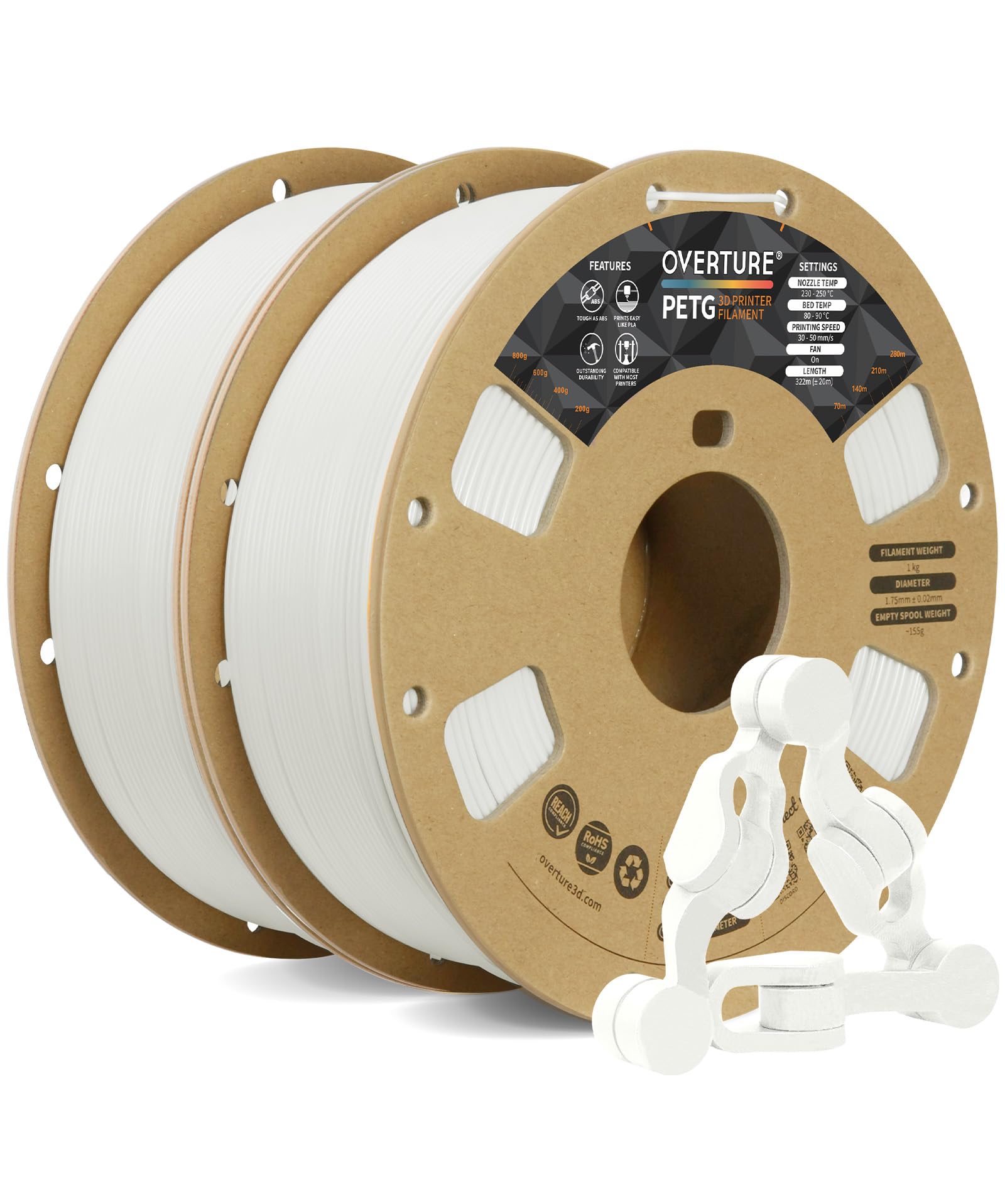 Overture Petg Filament 1.75Mm, 3D Printer Filament, 2Kg Filament(4.4Lbs), Dimensional Accuracy 99% Probability +/  0.03 Mm, Fit